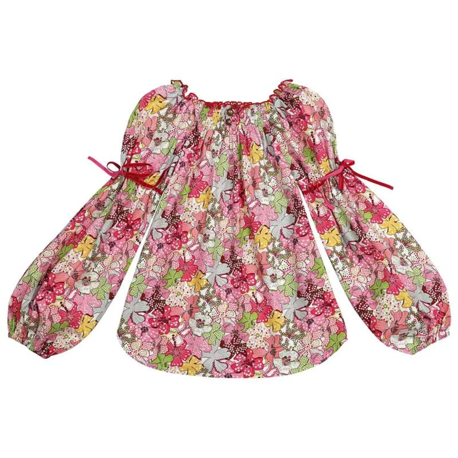 Blouse fleurie liberty rouge à col smocks fille Chimene, La Faute à Voltaire