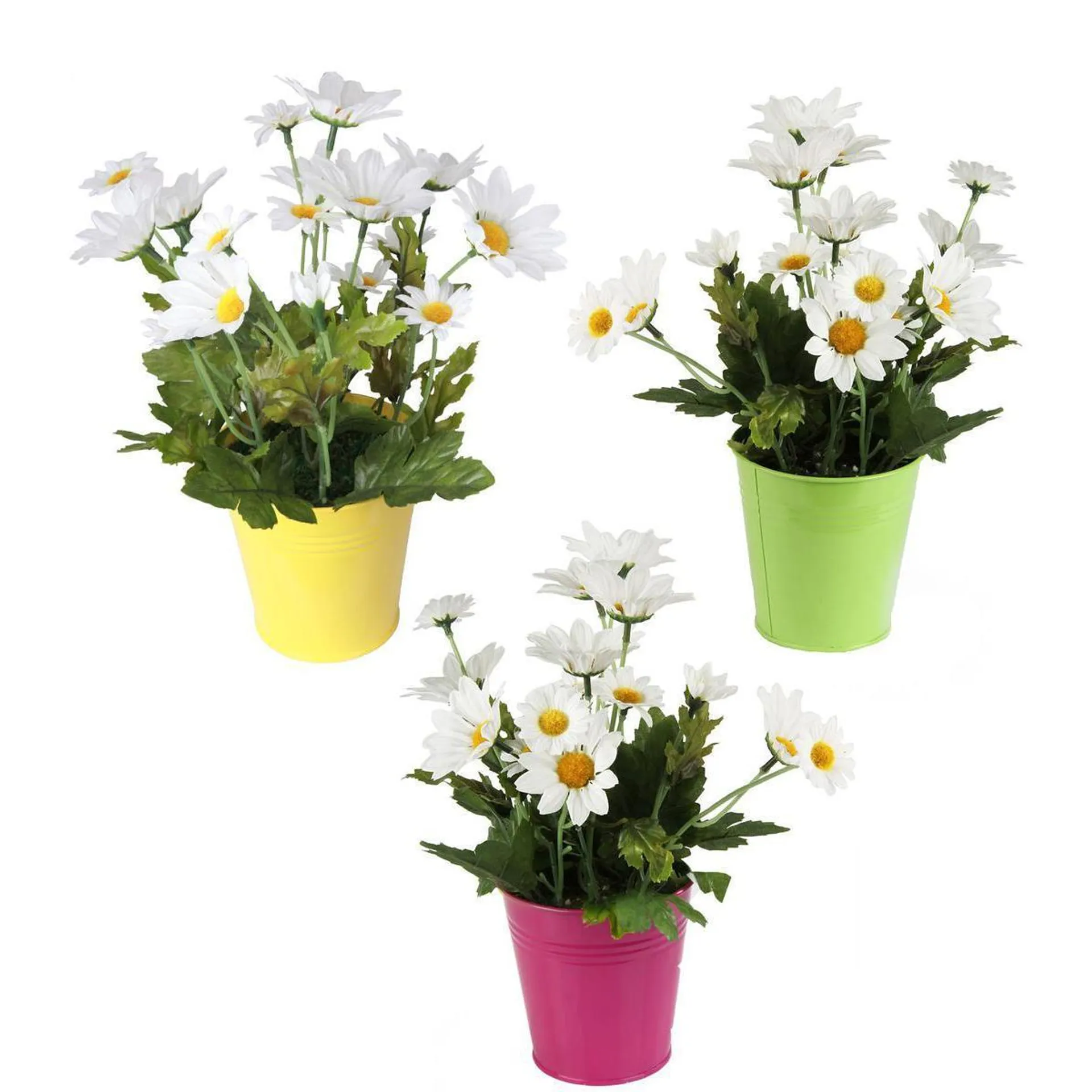 Marguerites en pot - Polyester Métal Plastique - Diam 10 x 28 cm - Rose Vert Jaune