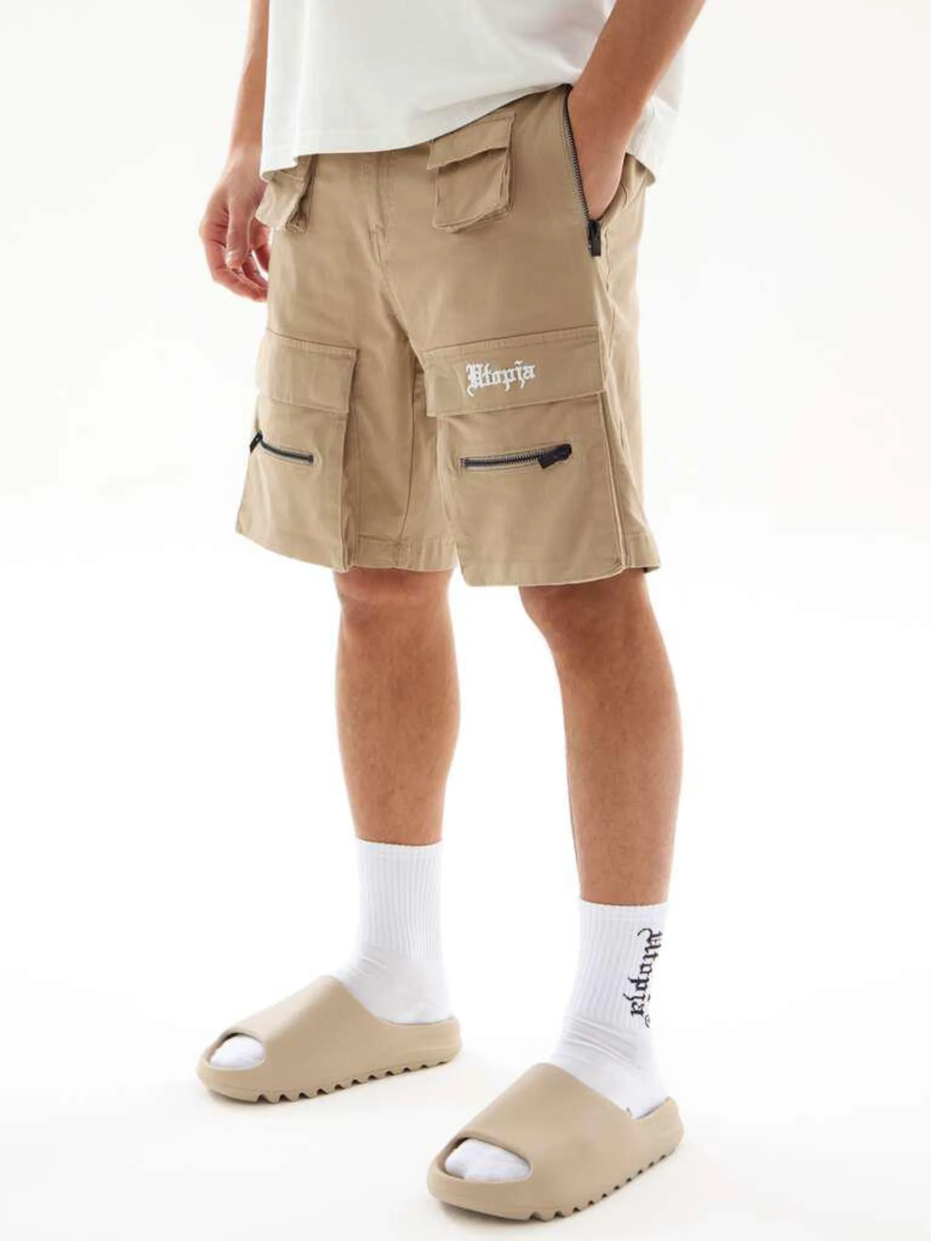 UTOPJA FOR THE SEA BEYOND cargo Bermuda shorts with logo embroidery Beige