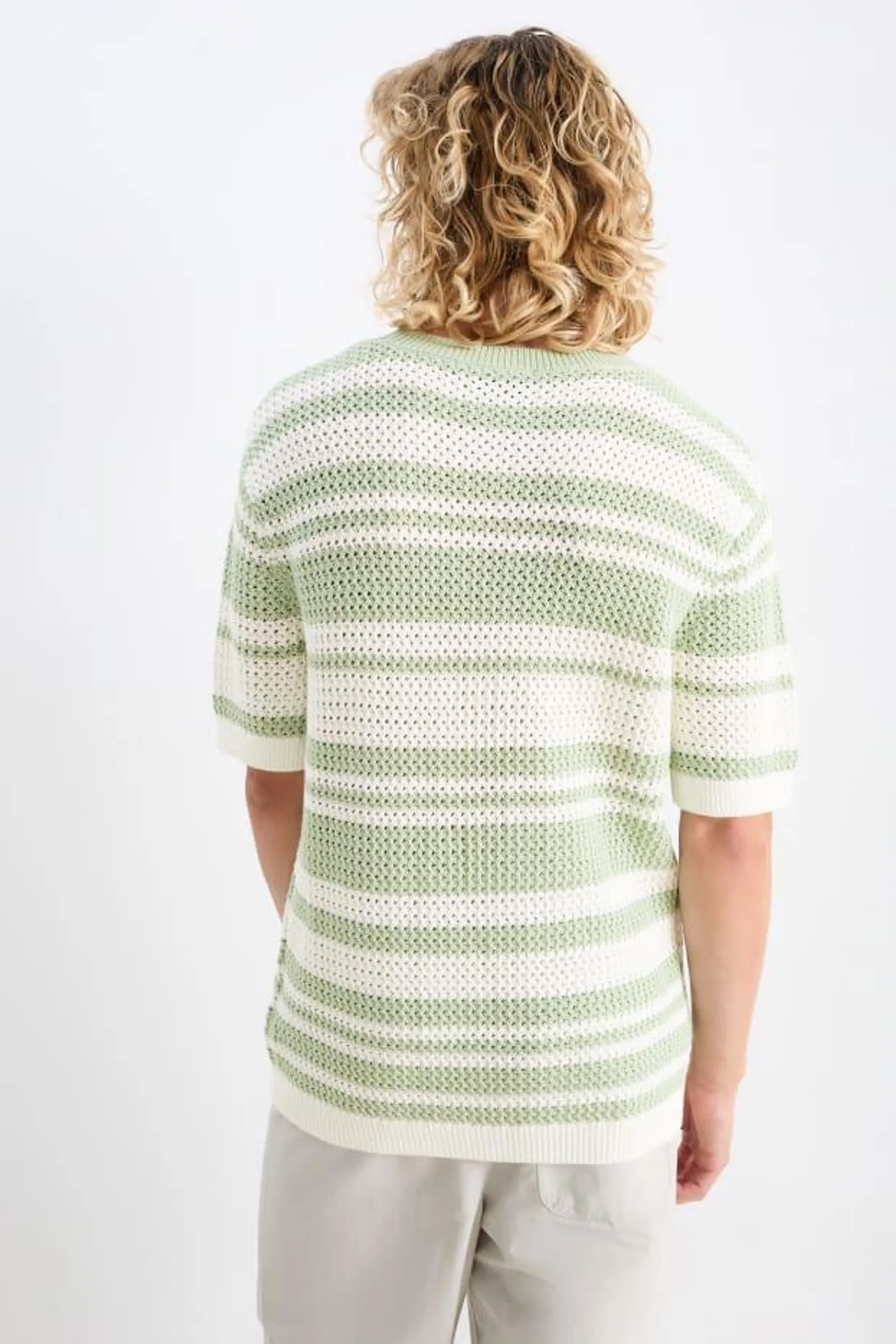 Knitted jumper - short sleeve - striped