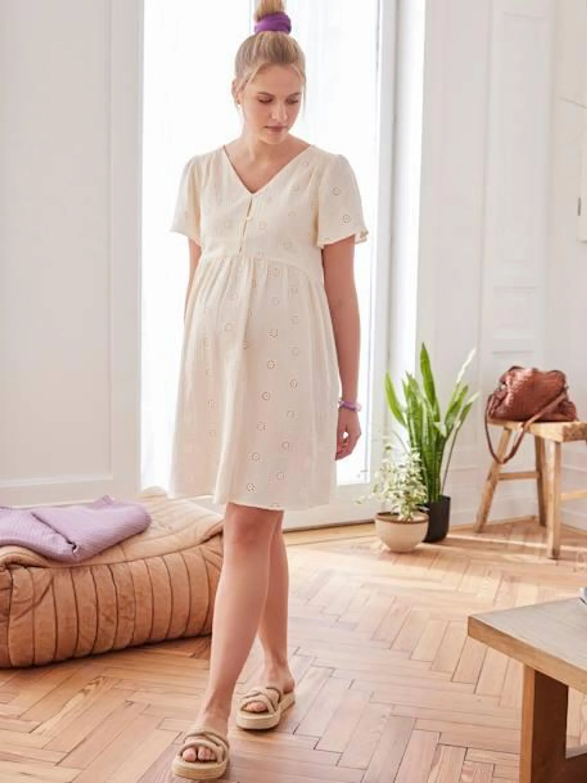 Robe gaze de coton brodé grossesse et allaitement - écru