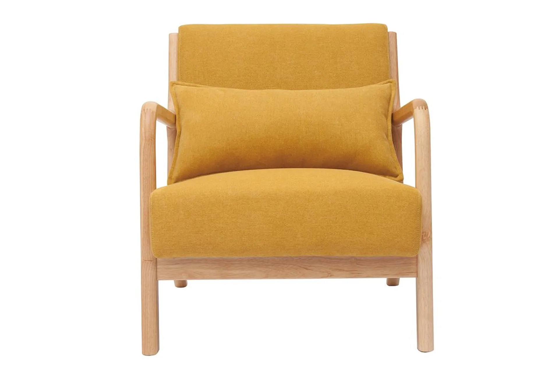 Fauteuil scandinave en tissu effet velours jaune moutarde et bois clair massif DERRY