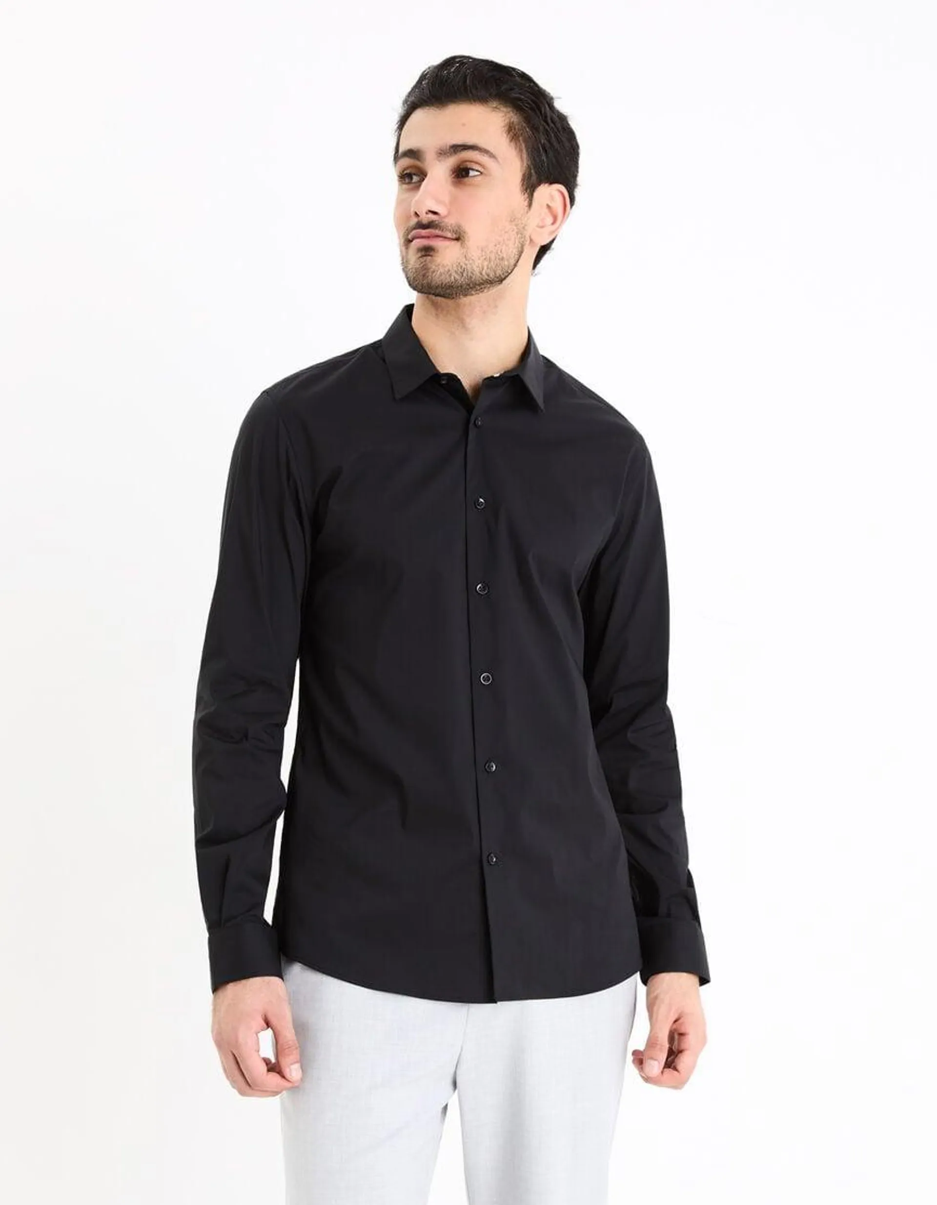 Chemise slim unie en coton stretch - noir