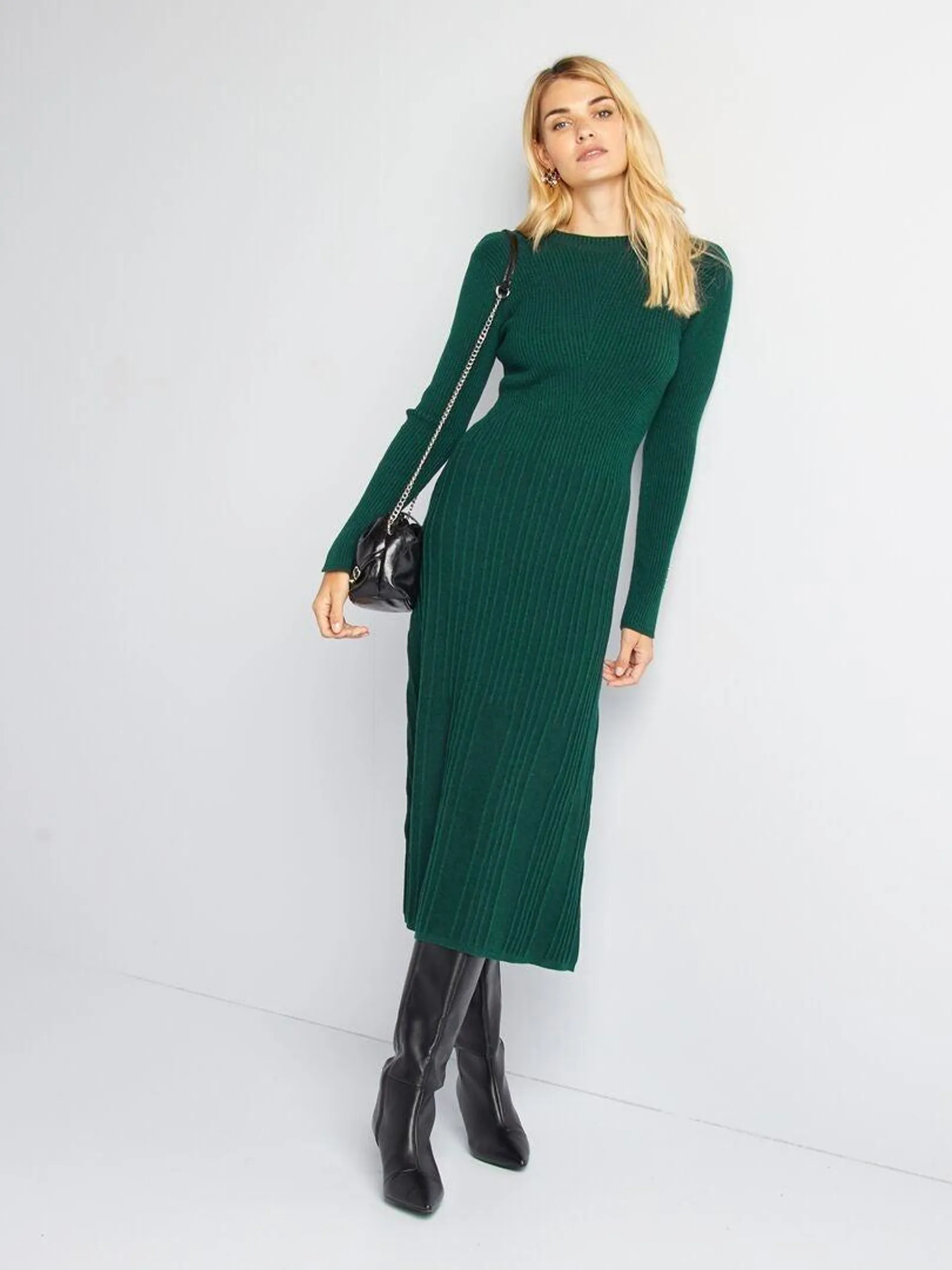 Robe pull midi côtelée - Vert