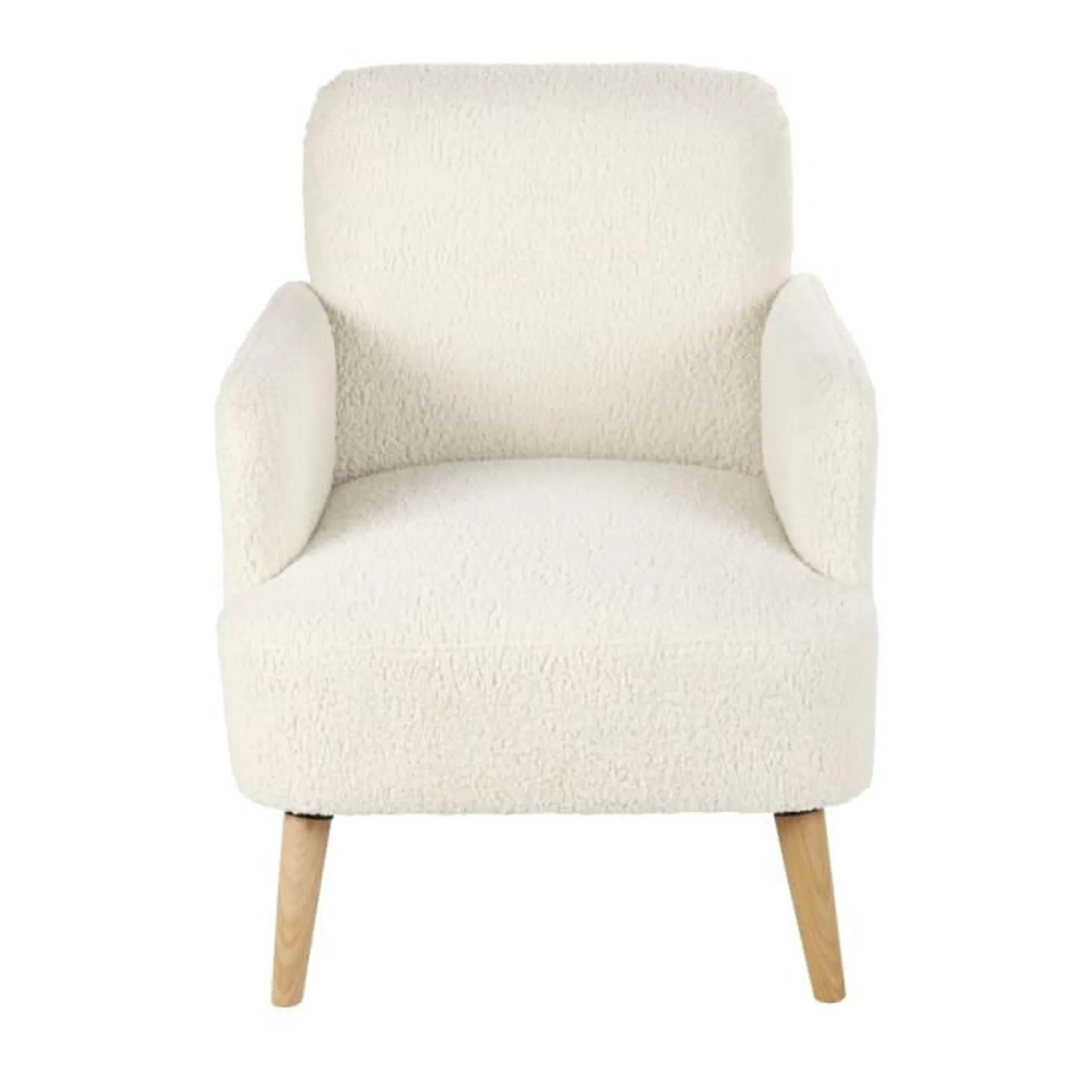 Sillón de rizo blanco con patas de madera de haya