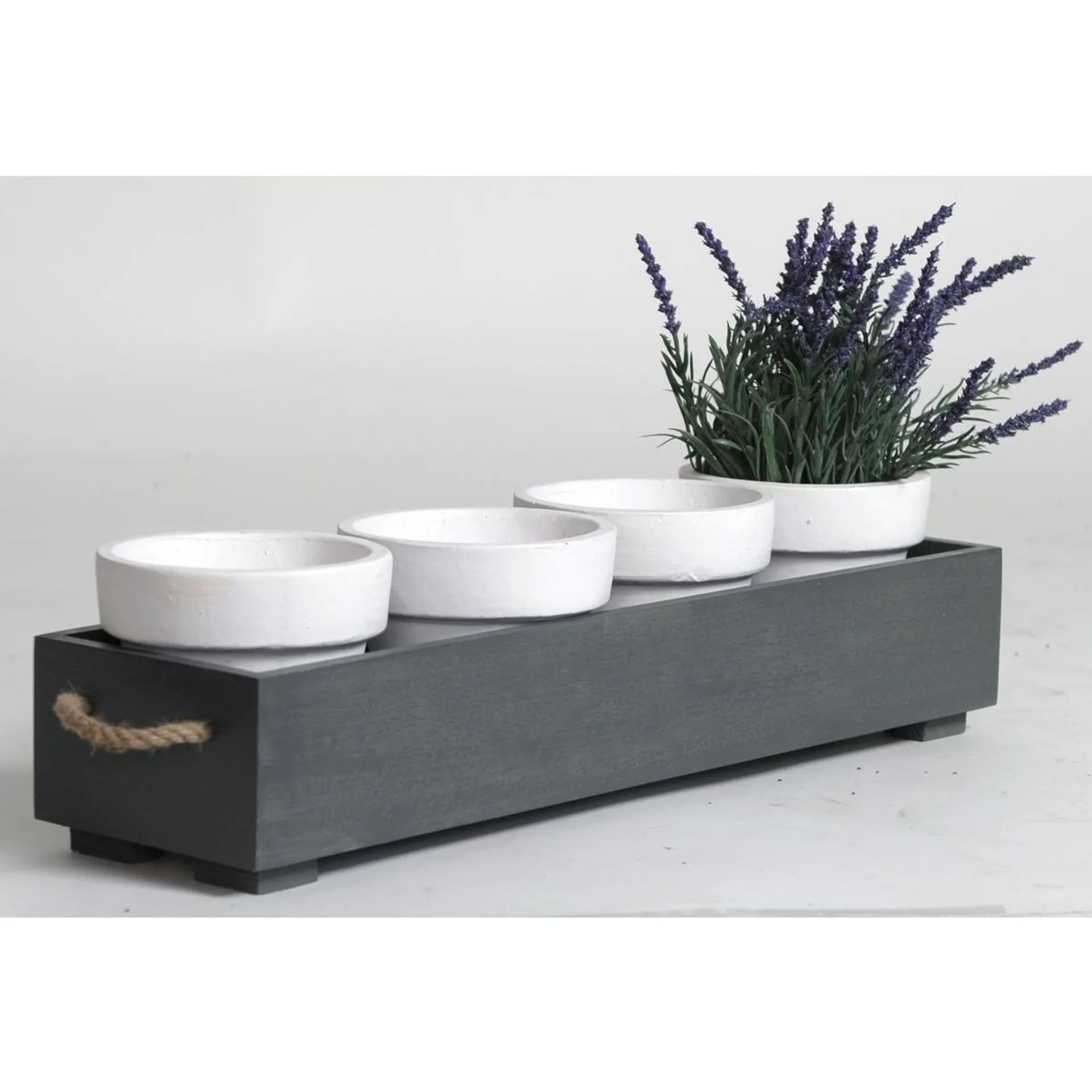 Lot de 4 pots en terre cuite avec plateau en bois - 55 x 15 x H 12 cm - Gris, Blanc