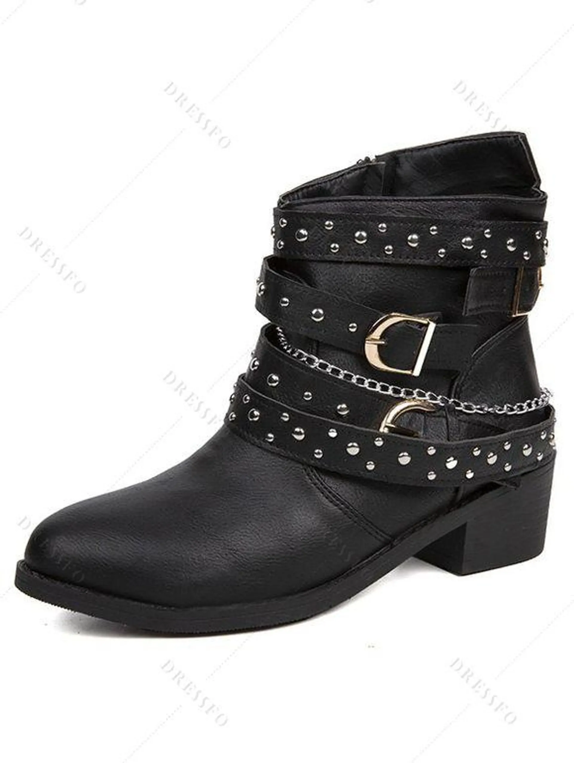 Rivet Buckle Straps Chain Zip Up Chunky Heel Boots