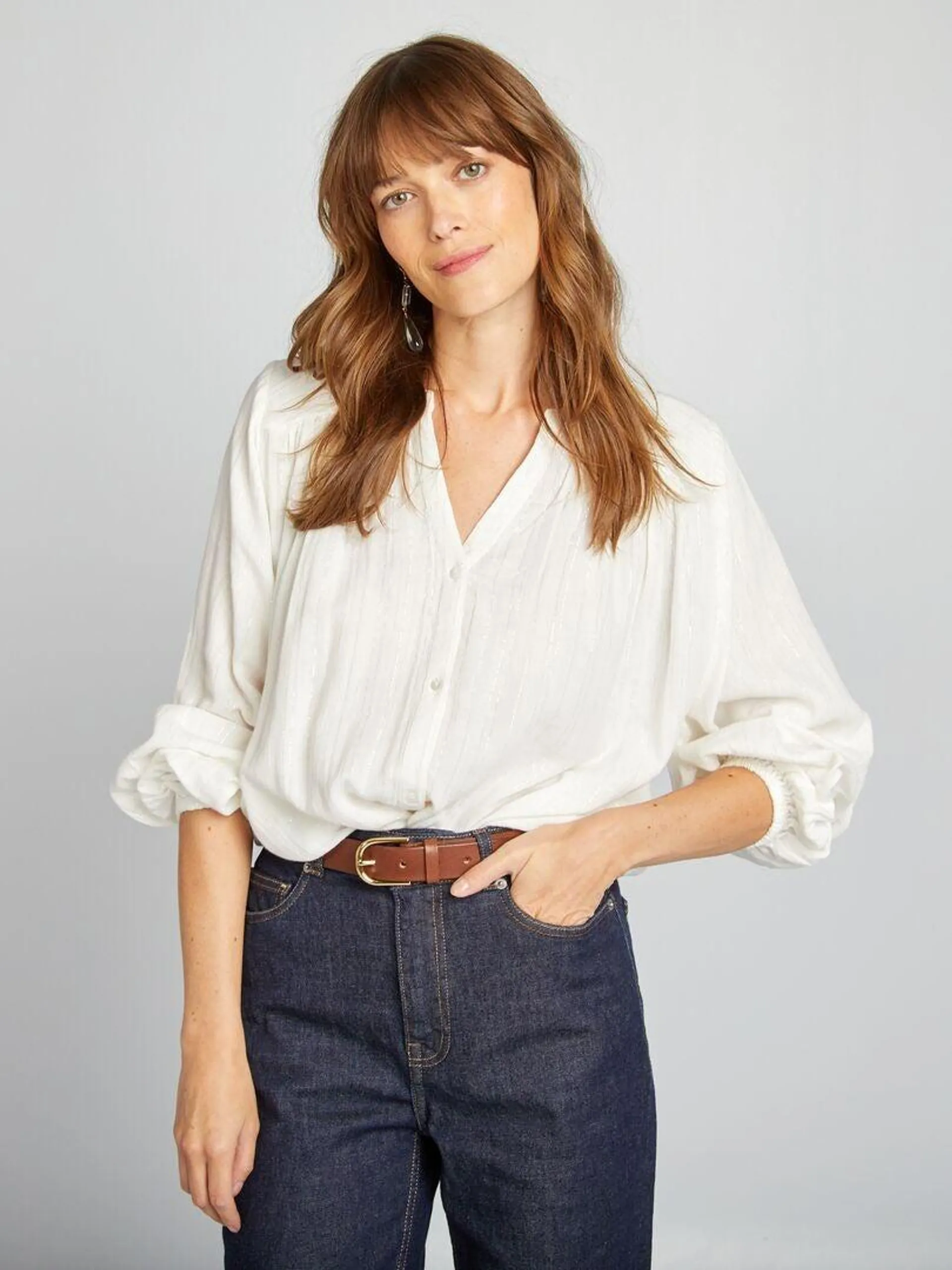 Blouse fluide avec fils métalliques brillants - blanc