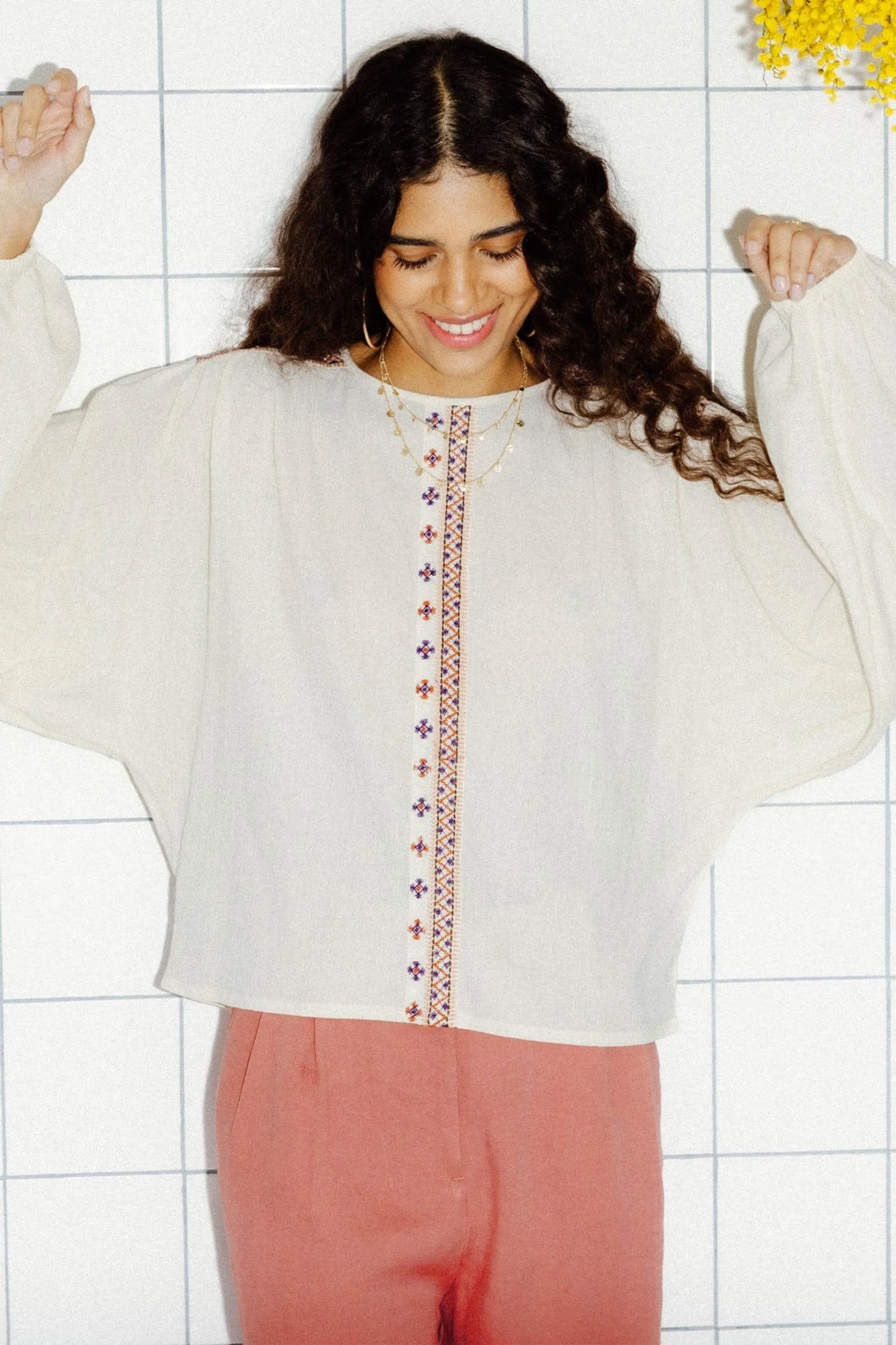 Blouse brodée Femme - Ecru