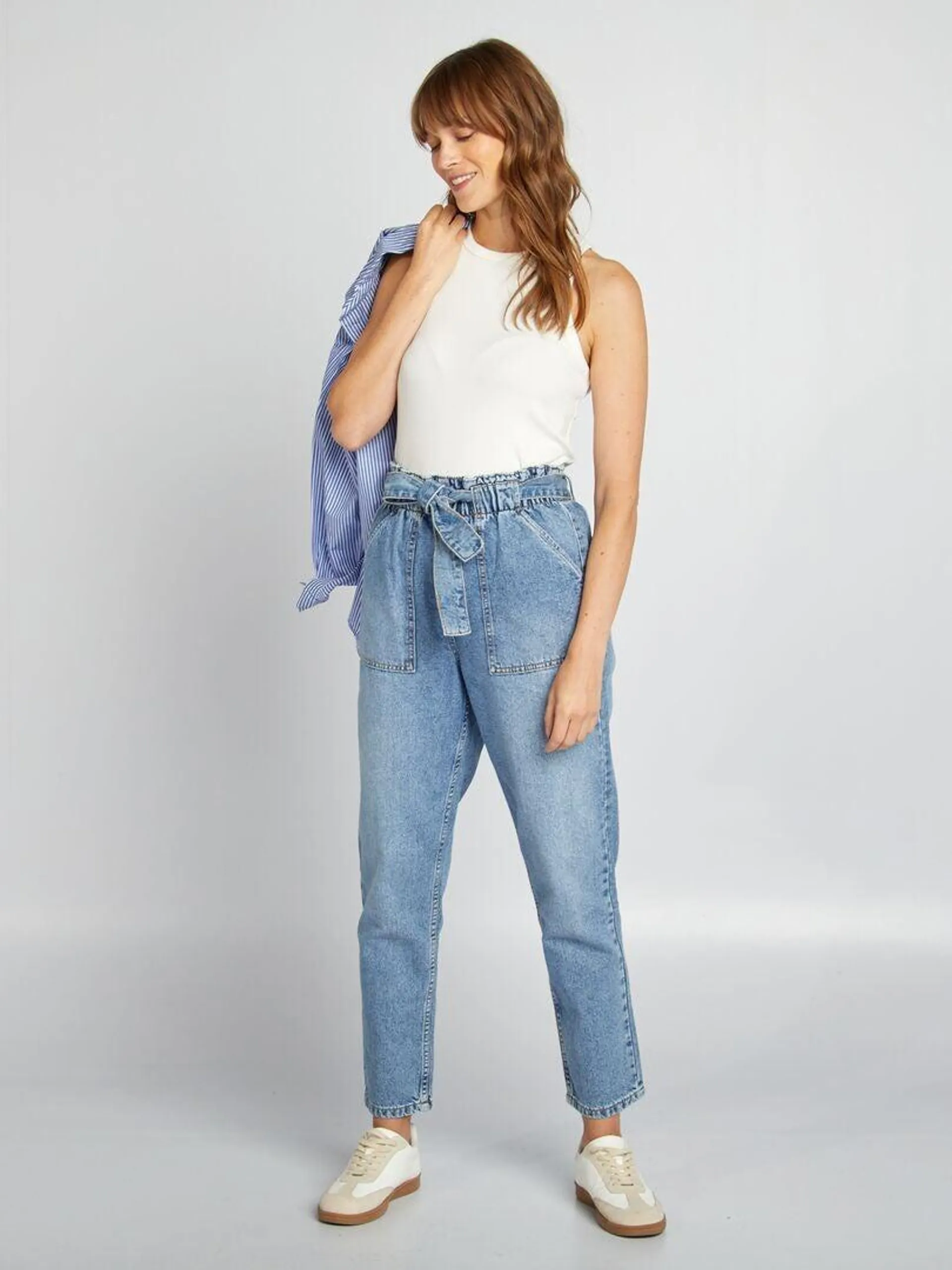 Pantalon denim mom avec ceinture à nouer - Stone