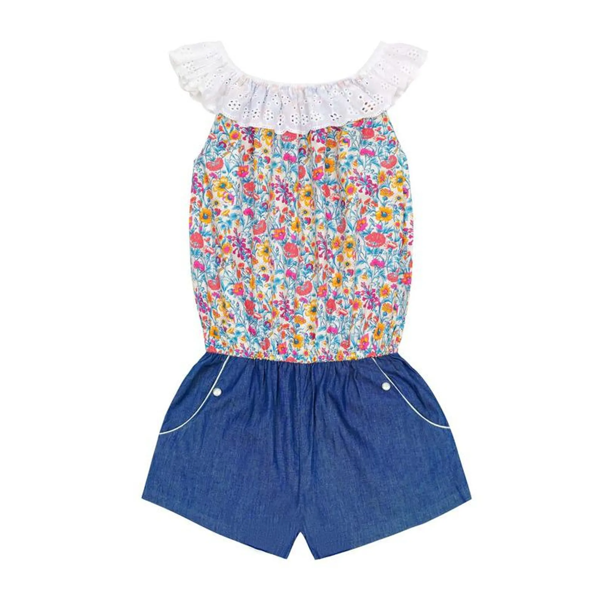 Combi-Short été fille col élastique liberty fleuri bleu Lolita, La Faute à Voltaire