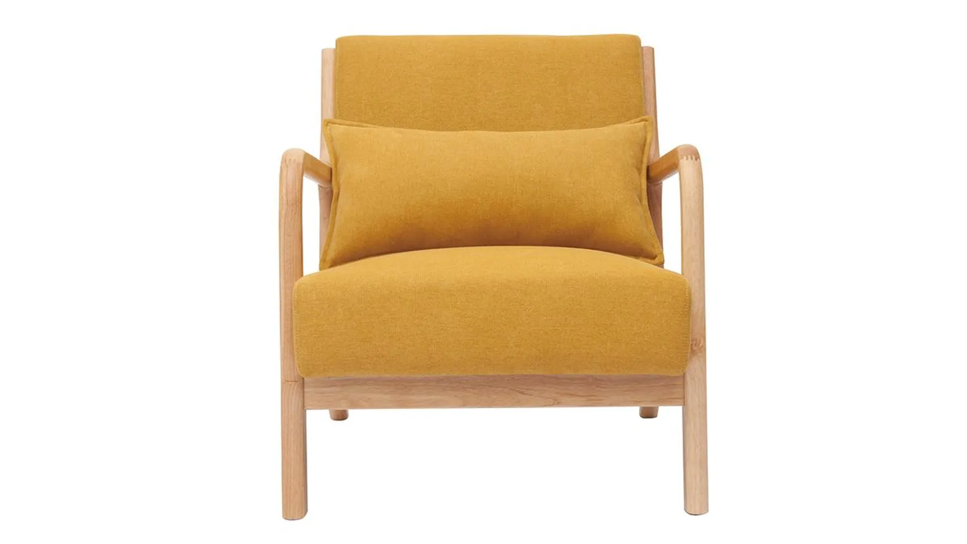 Fauteuil scandinave en tissu effet velours jaune moutarde et bois clair massif DERRY