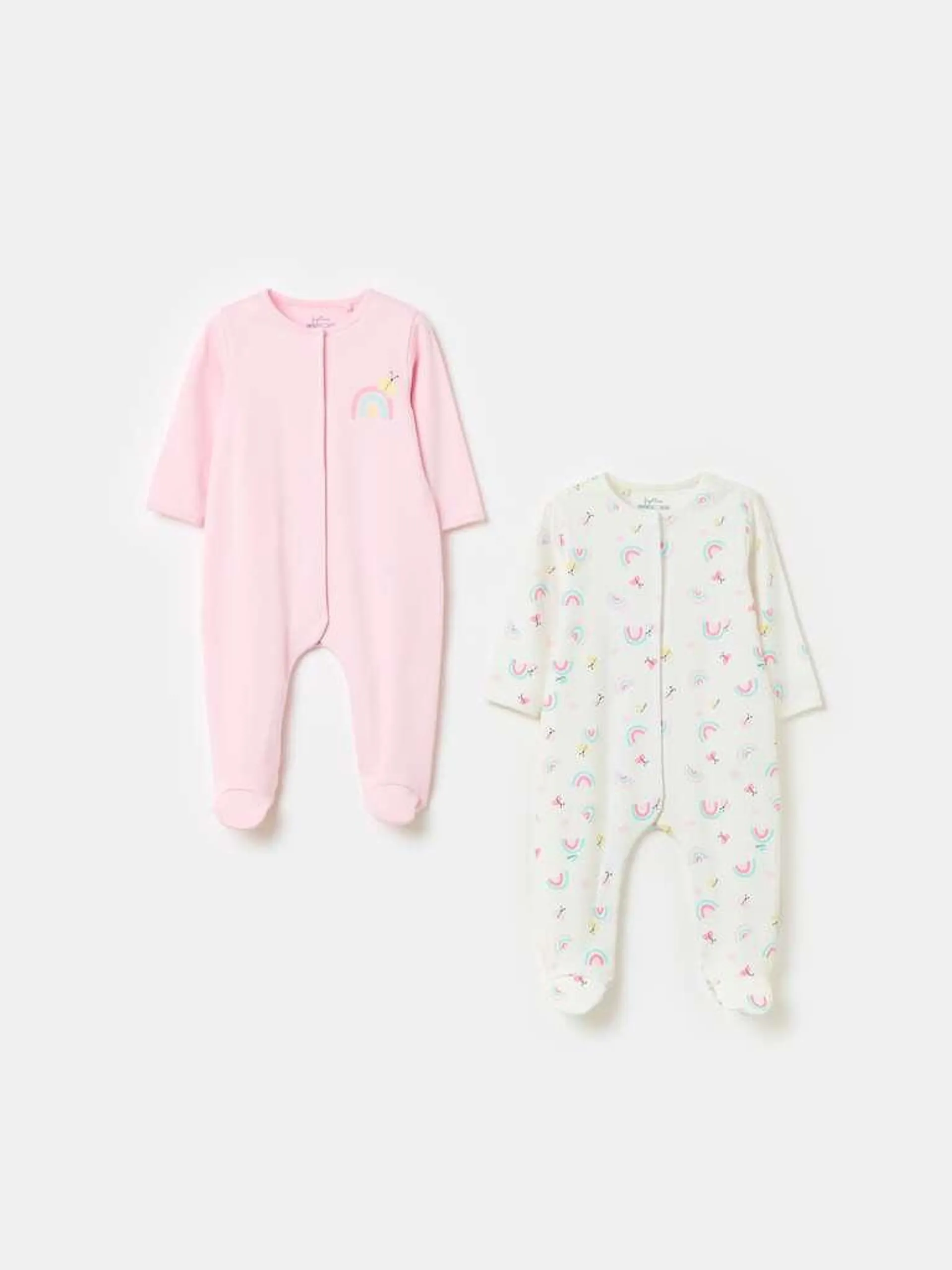 Two-pack onesies in organic cotton with feet Blanc/rose