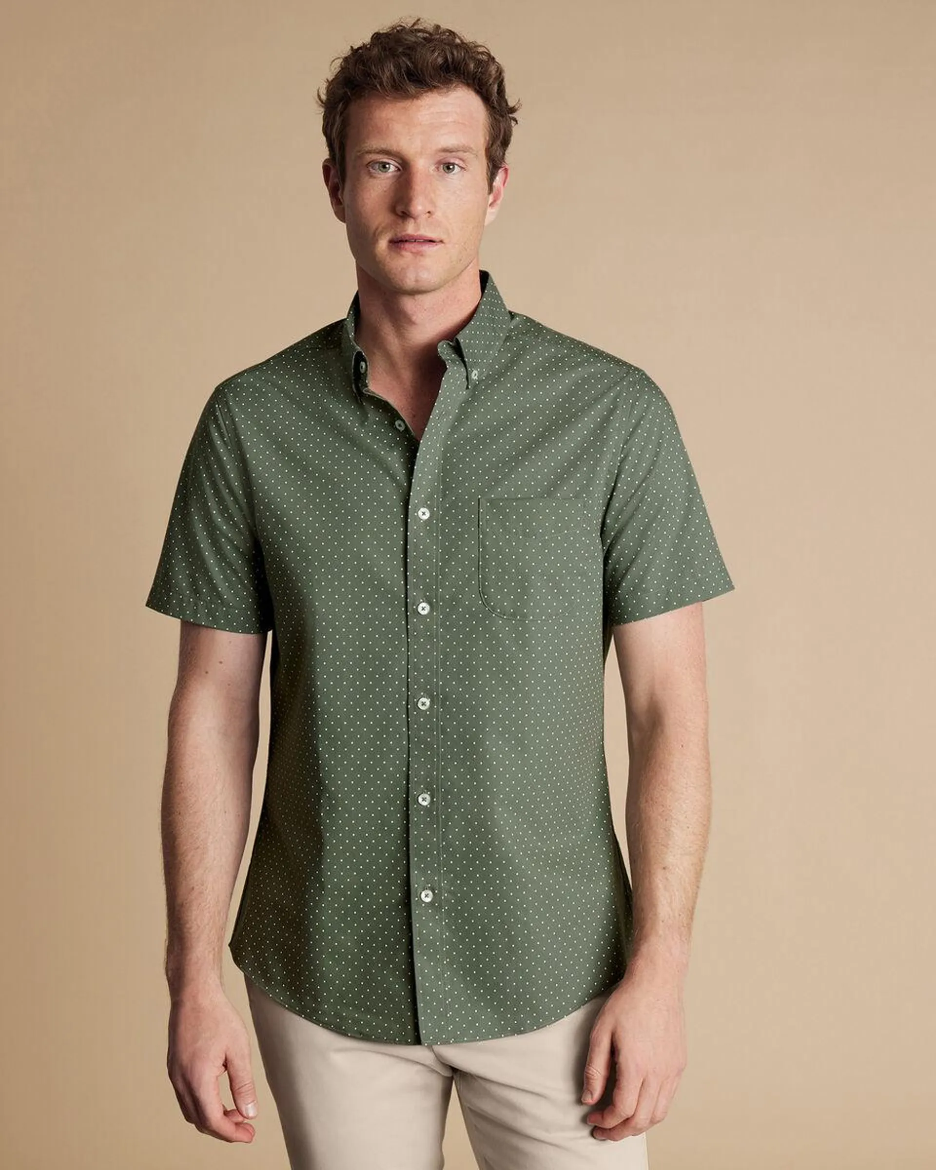 details about product: Non-Iron Stretch Spot Print Short Sleeve Shirt - Olive Green