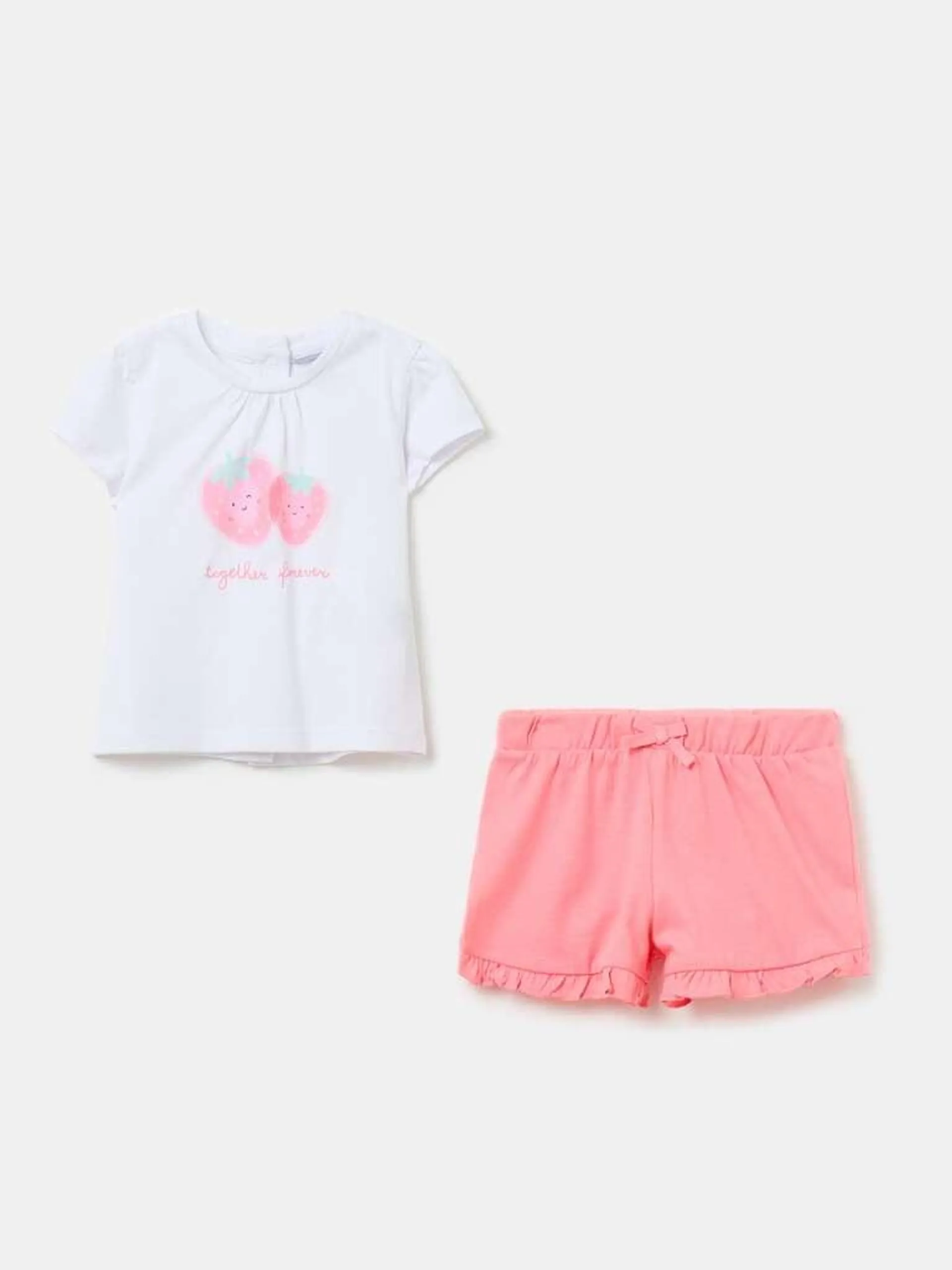 T-shirt and shorts set in organic cotton with print Blanc/rose