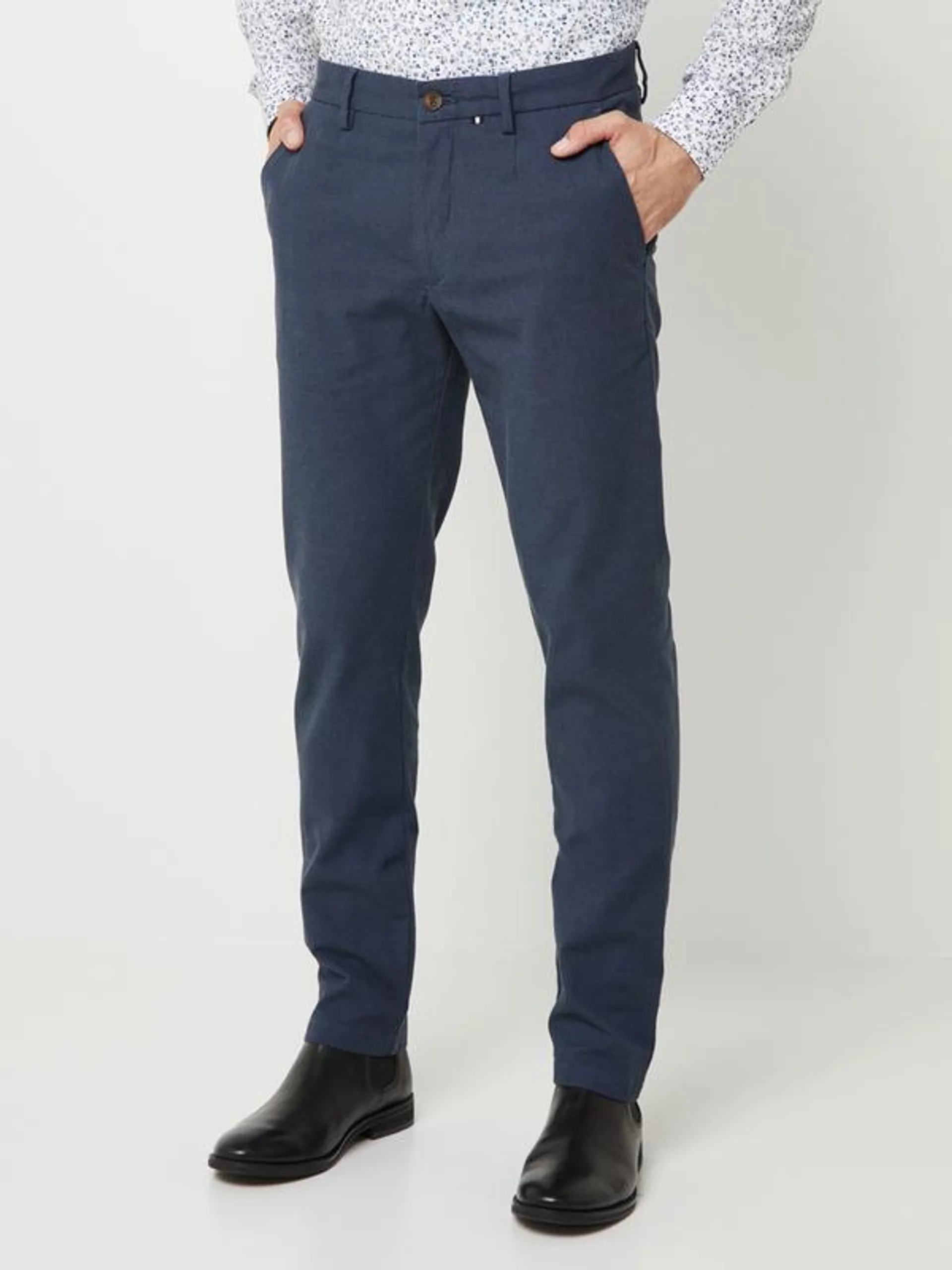 Pantalon Chino En Tissu Chambray Coton Stretch - Bleu Encre