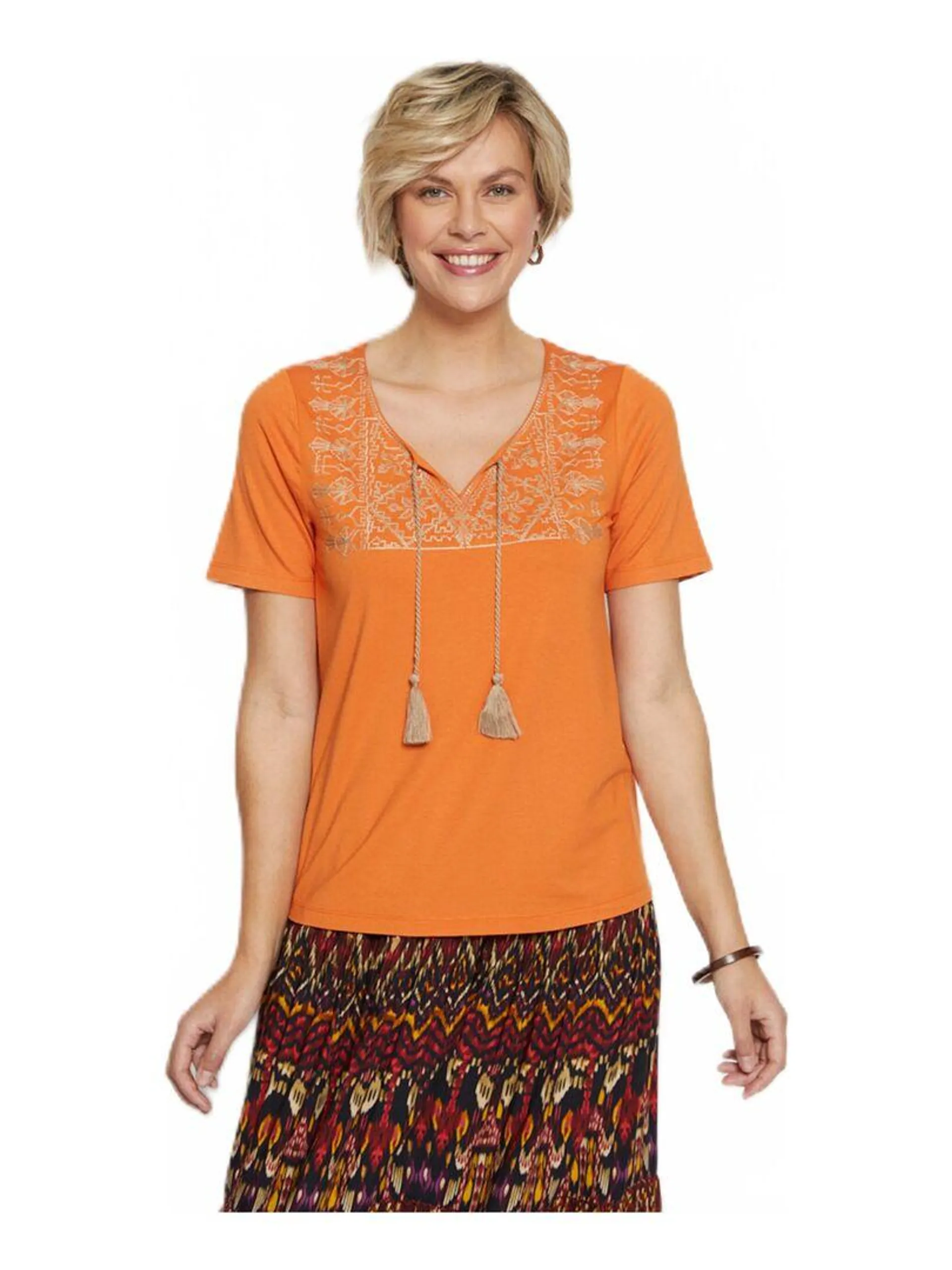 T-shirt brodé droit lien pompoms - Orange