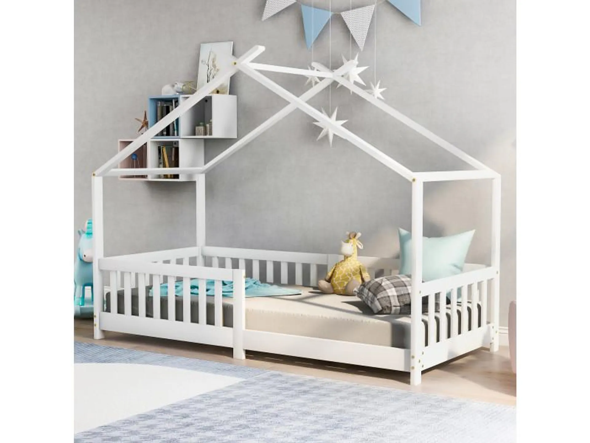 Lit cabane enfant 90 x 190 cm, lit d'enfant en bois de pin avec barre de sécurité/blanc