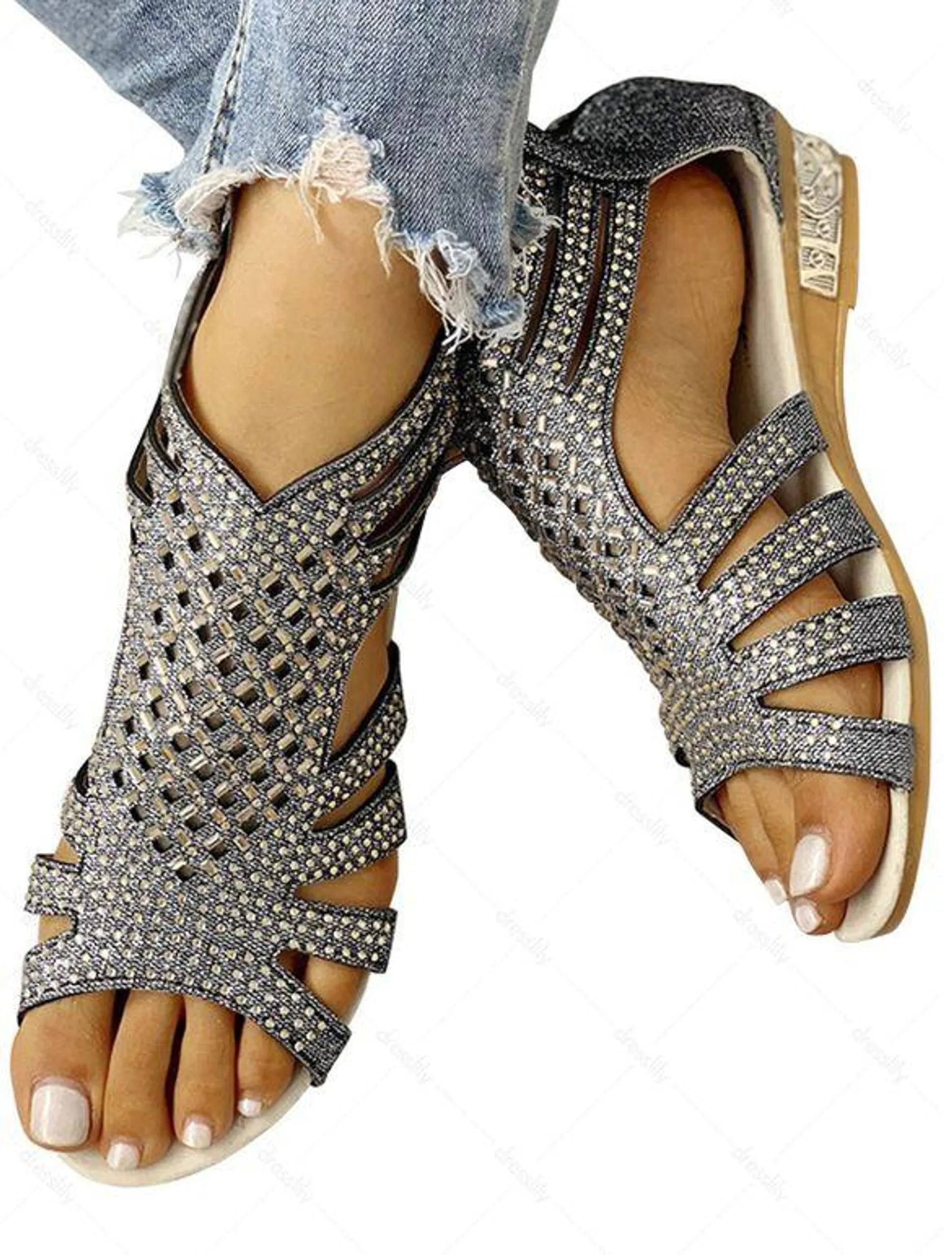 Rhinestones Open Toe Flat Caged Gladiator Sandals