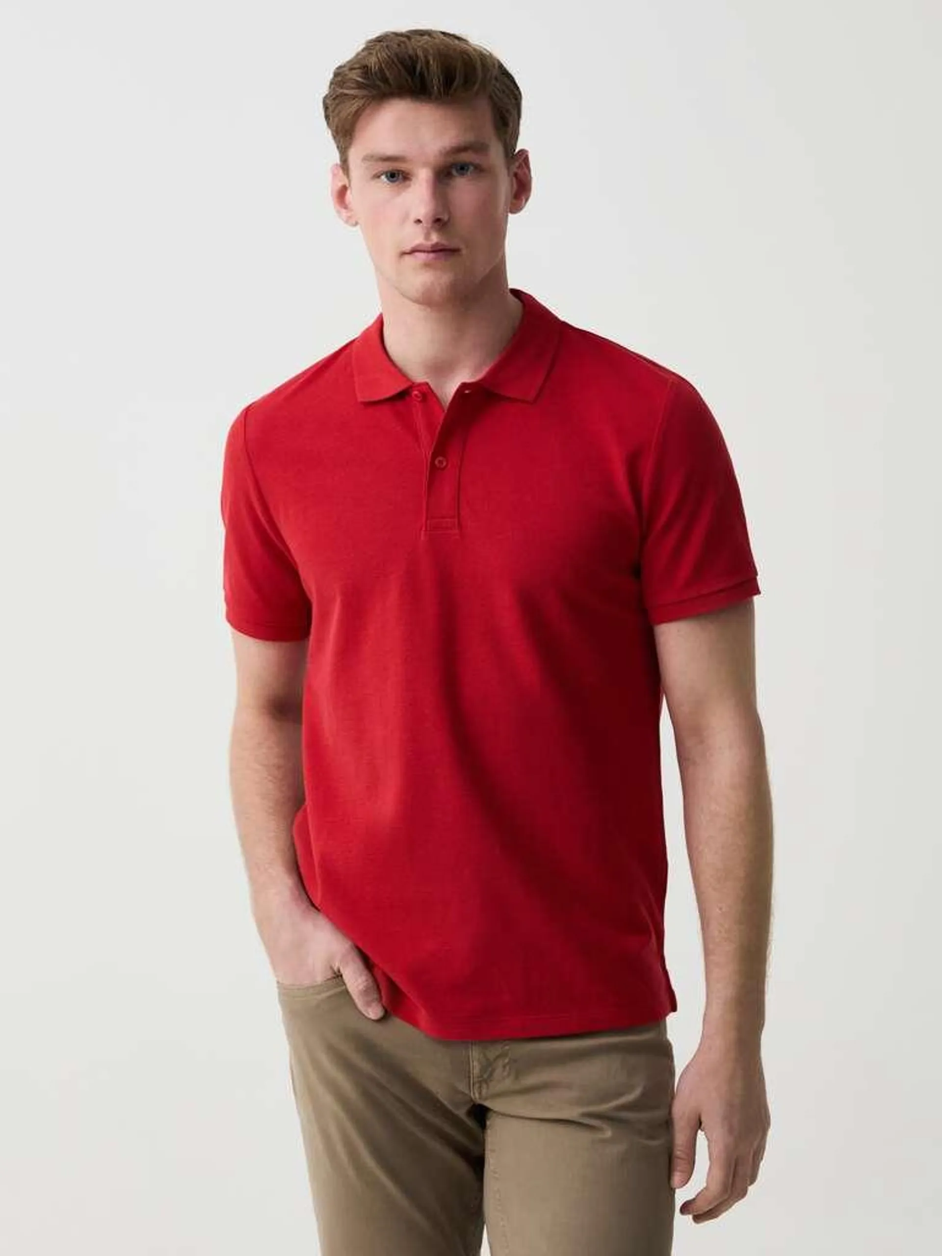 Cotton pique polo shirt Rouge géranium