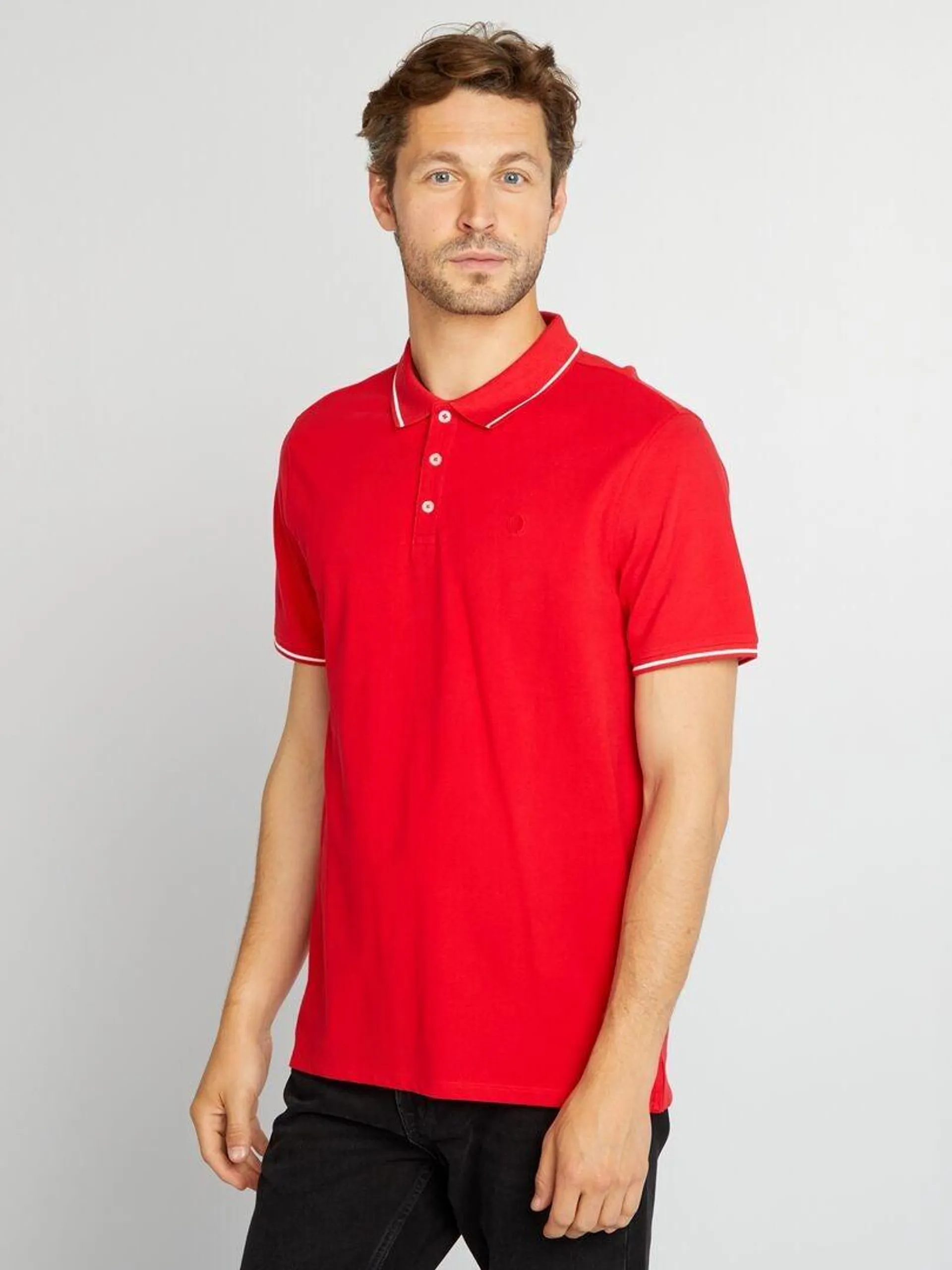 Polo en piqué de coton avec broderie poitrine - Rouge