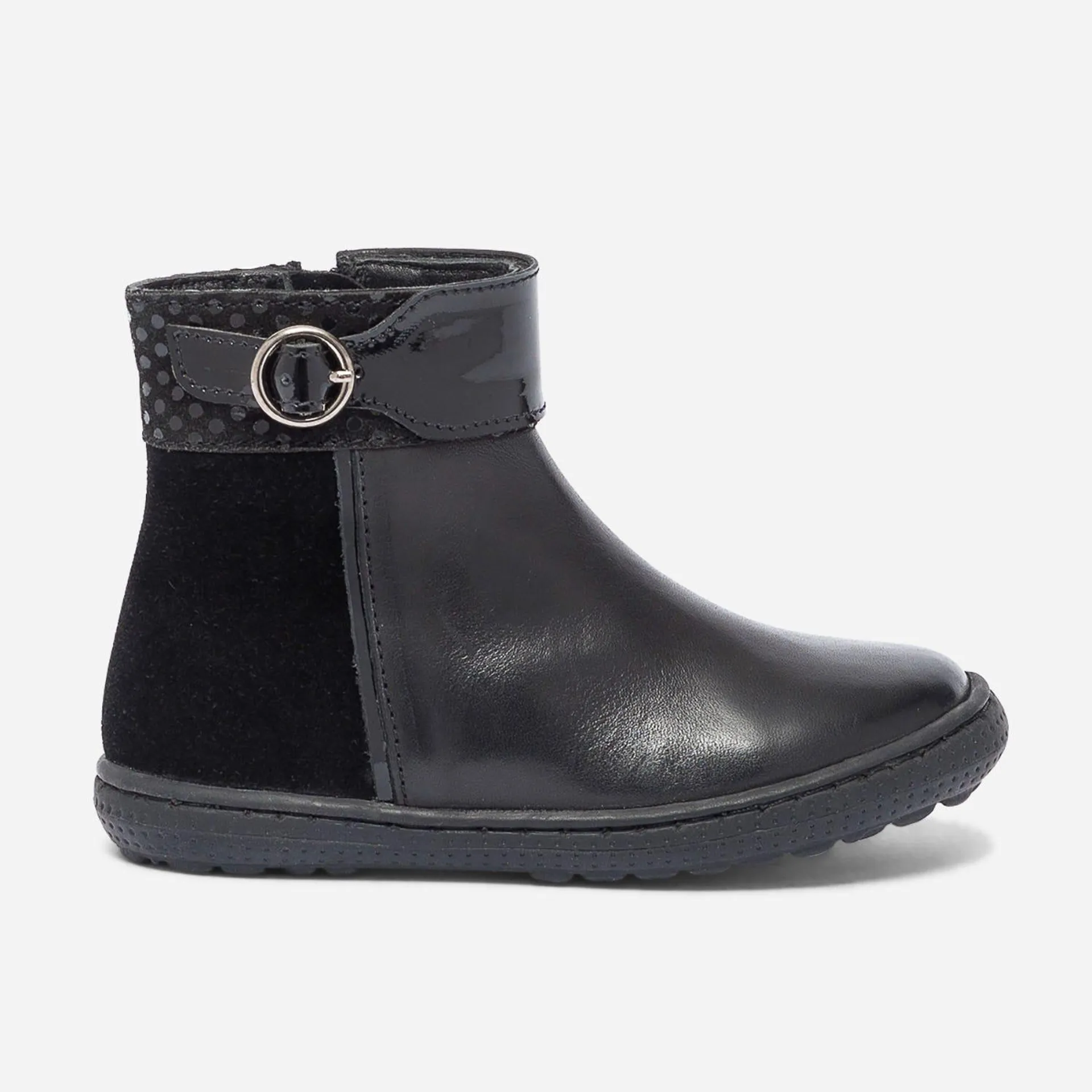 Boots noir bi matière à boucle vernie