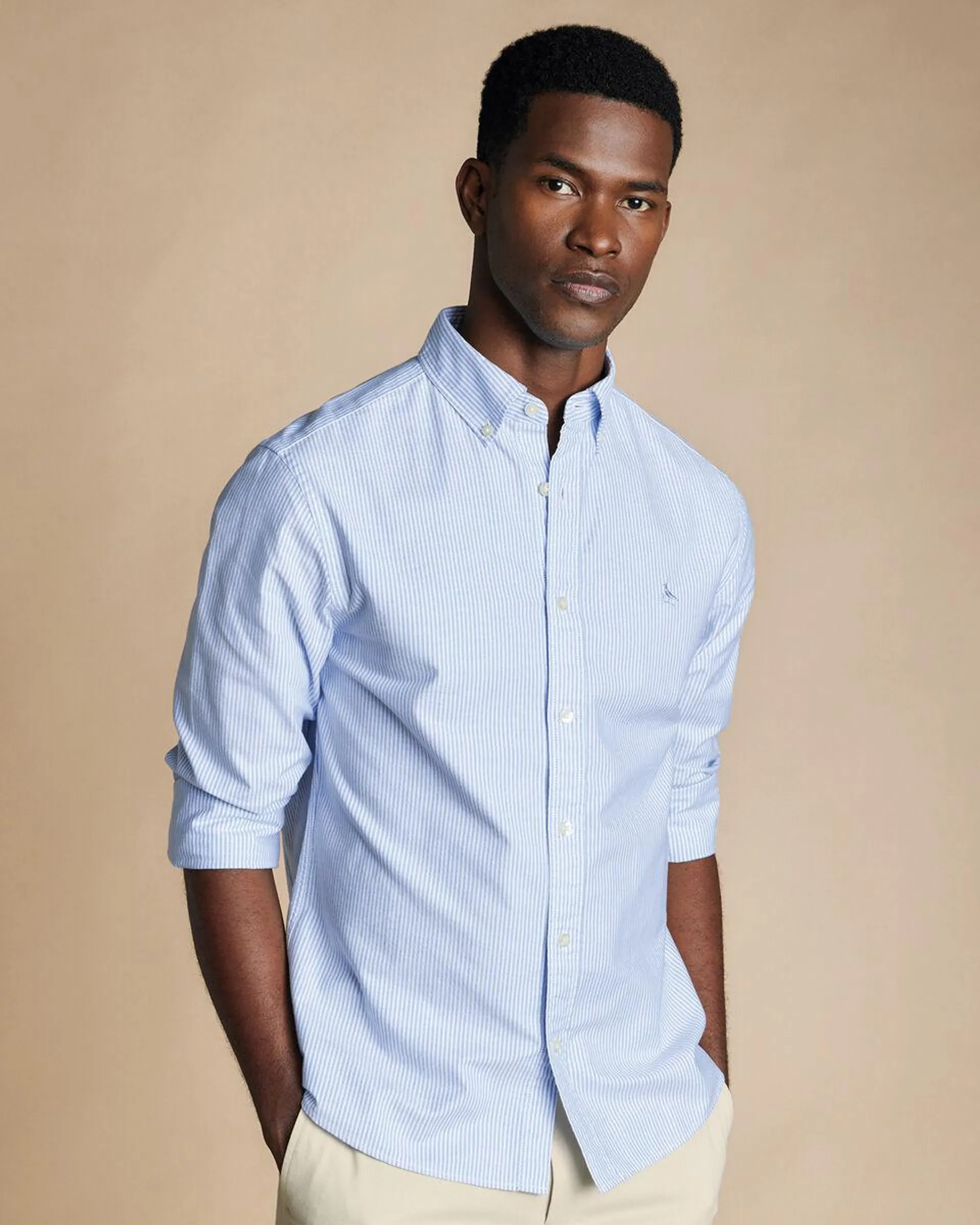 details about product: Button-Down Collar Stretch Washed Oxford Stripe Shirt - Ocean Blue