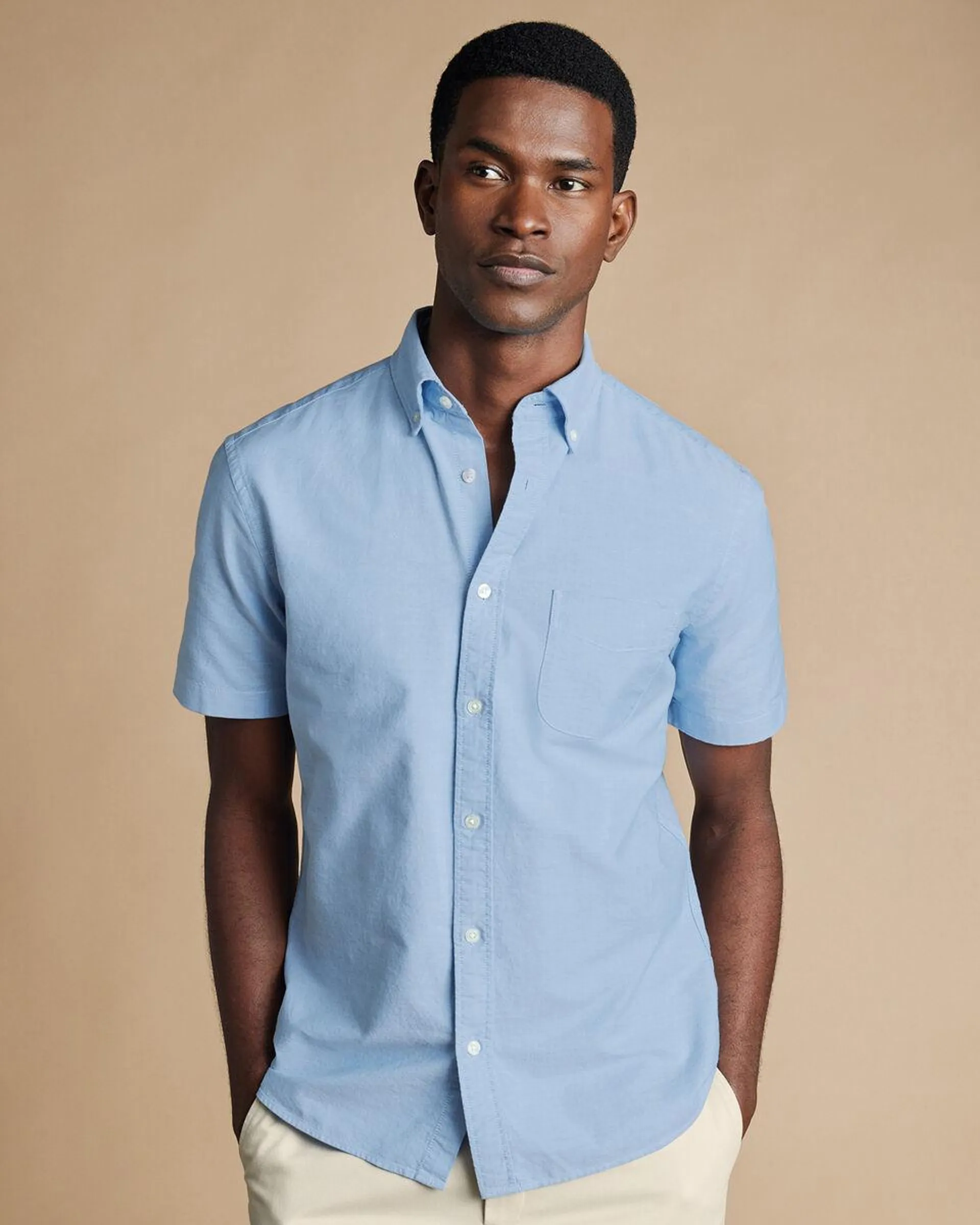 details about product: Washed Oxford Short Sleeve Shirt - Sky Blue