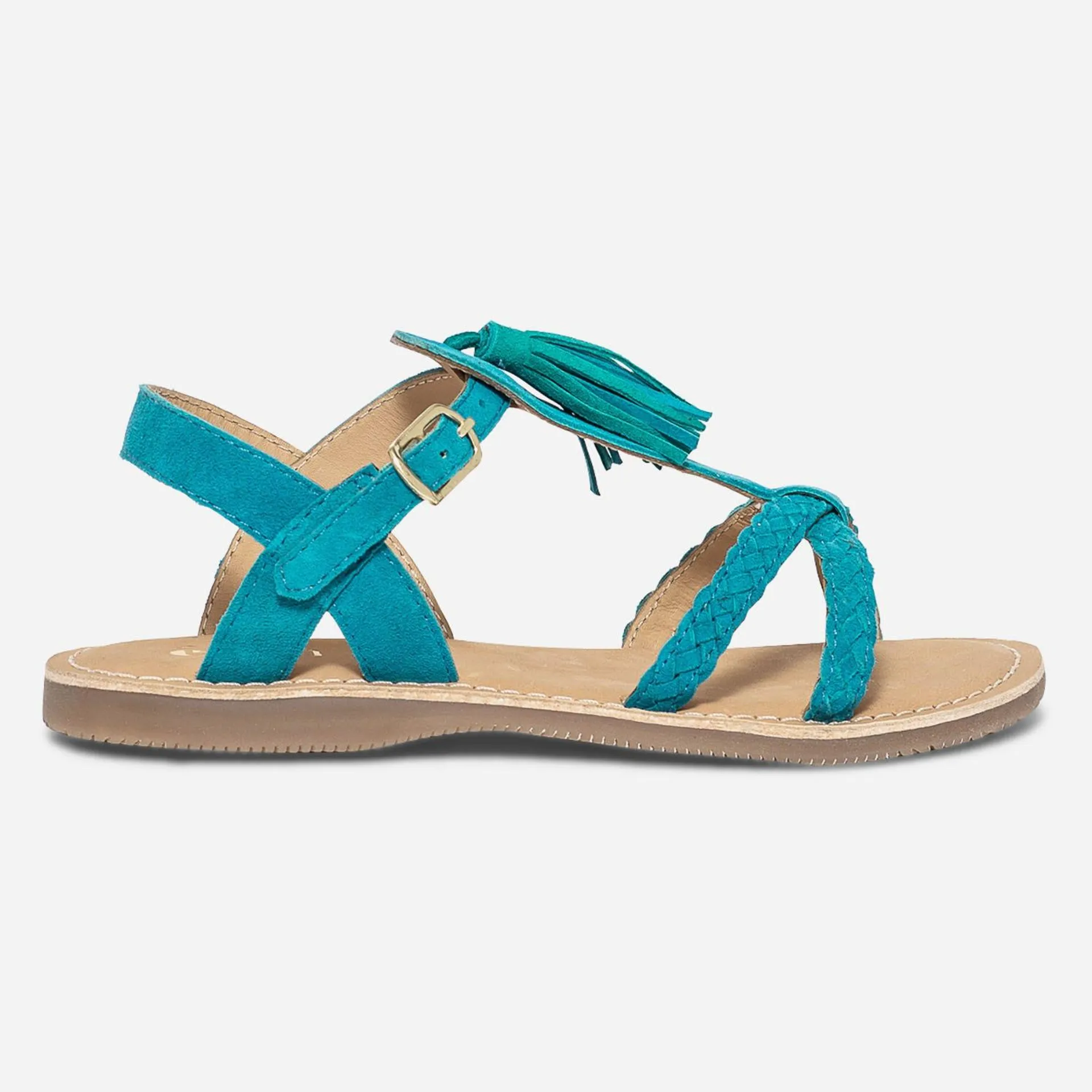 Sandale turquoise en cuir velours avec pampille