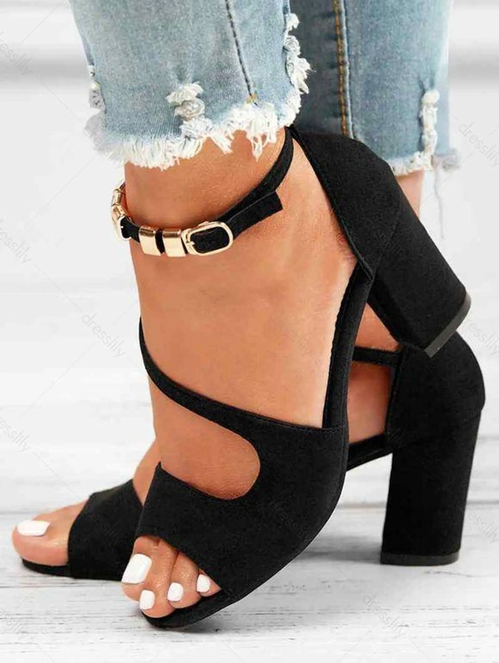 Peep Toe Buckle Strap Chunky Heel Sandals