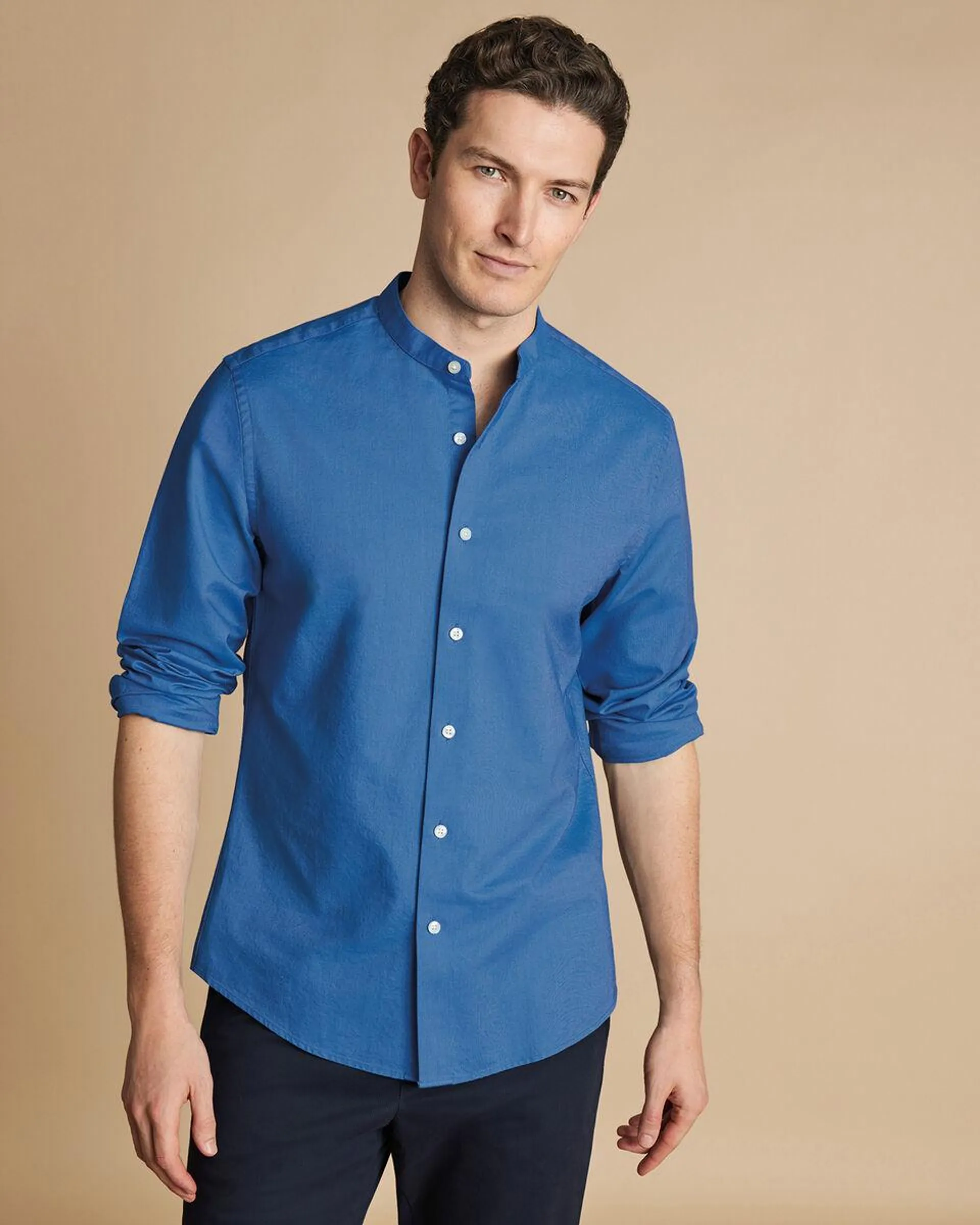 details about product: Collarless Stretch Washed Oxford Shirt - Ocean Blue