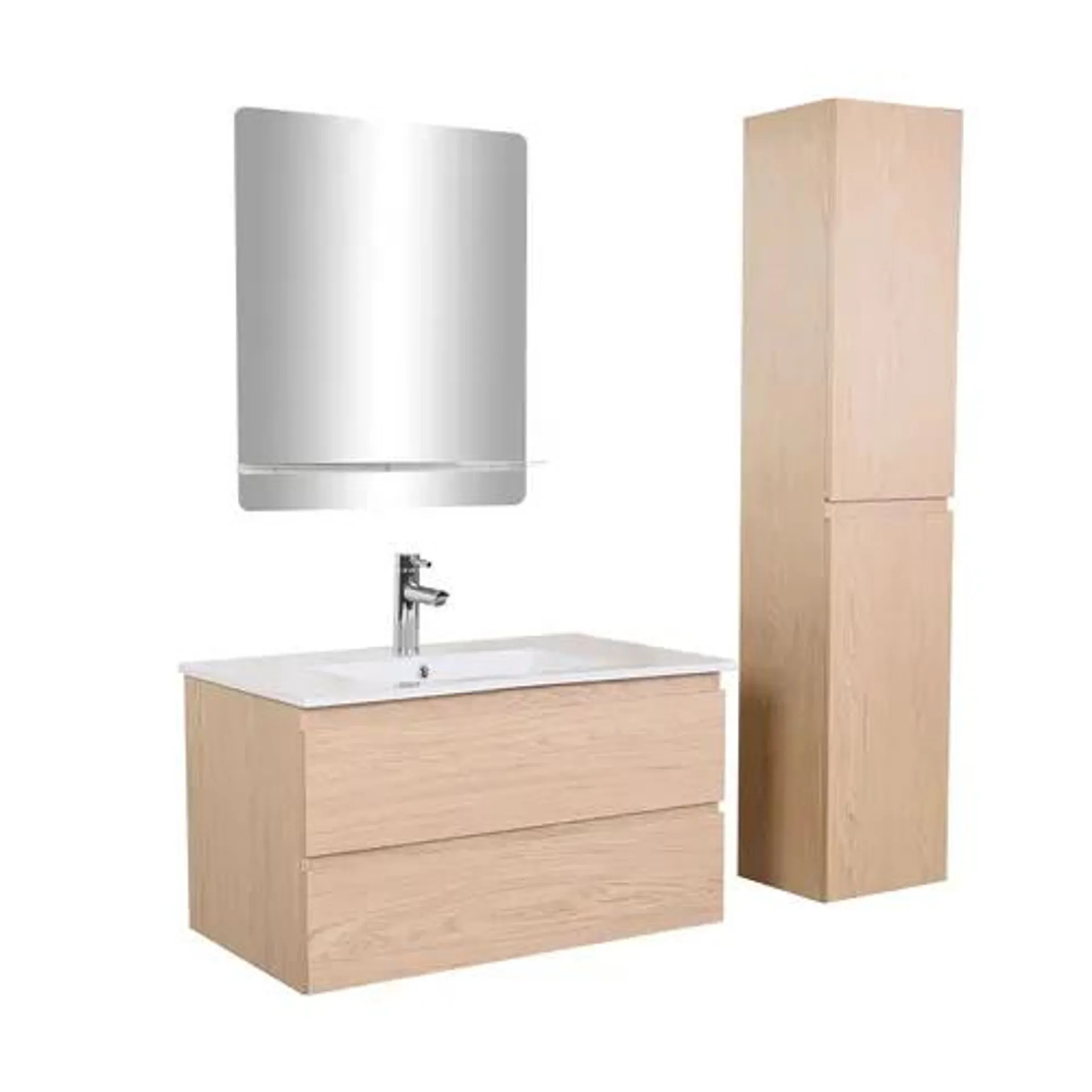 MOB-IN Meuble Simple Vasque 80cm Décor Chêne Sorrento+robinet Chromé+miroir+colonne