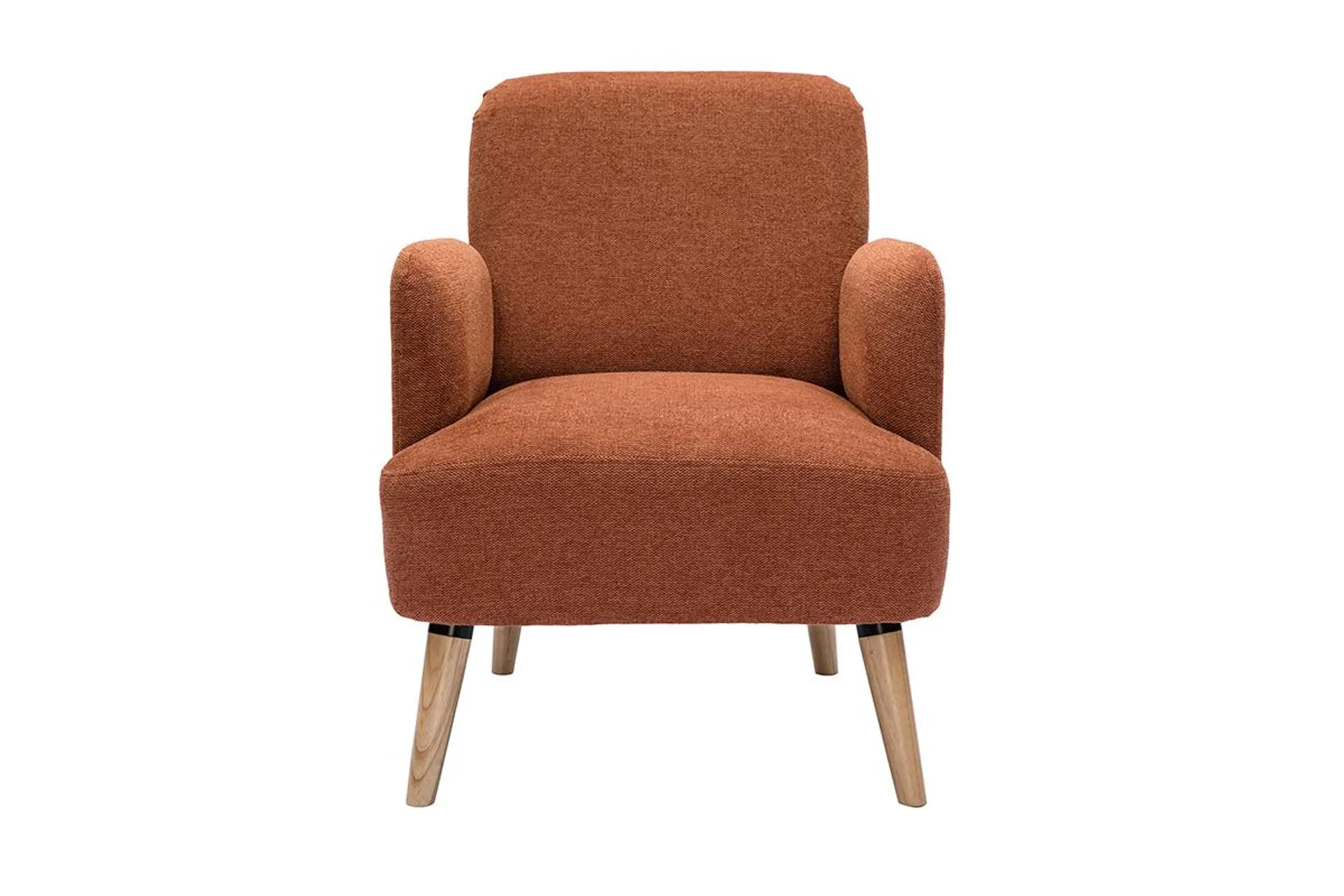 Fauteuil scandinave en tissu effet velours texturé terre brûlée et bois clair ISKO