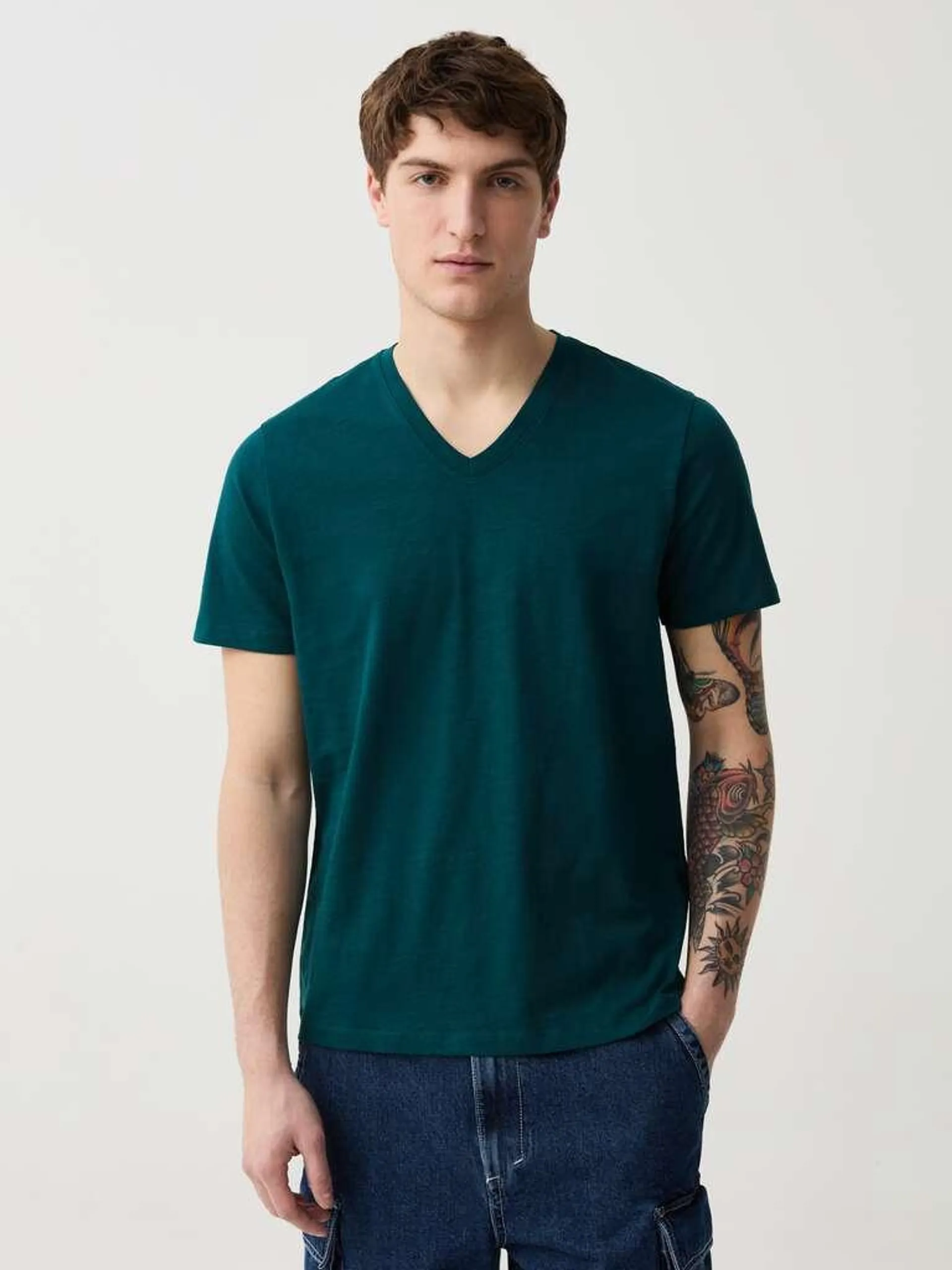 Slub jersey T-shirt with V neck Vert foncé