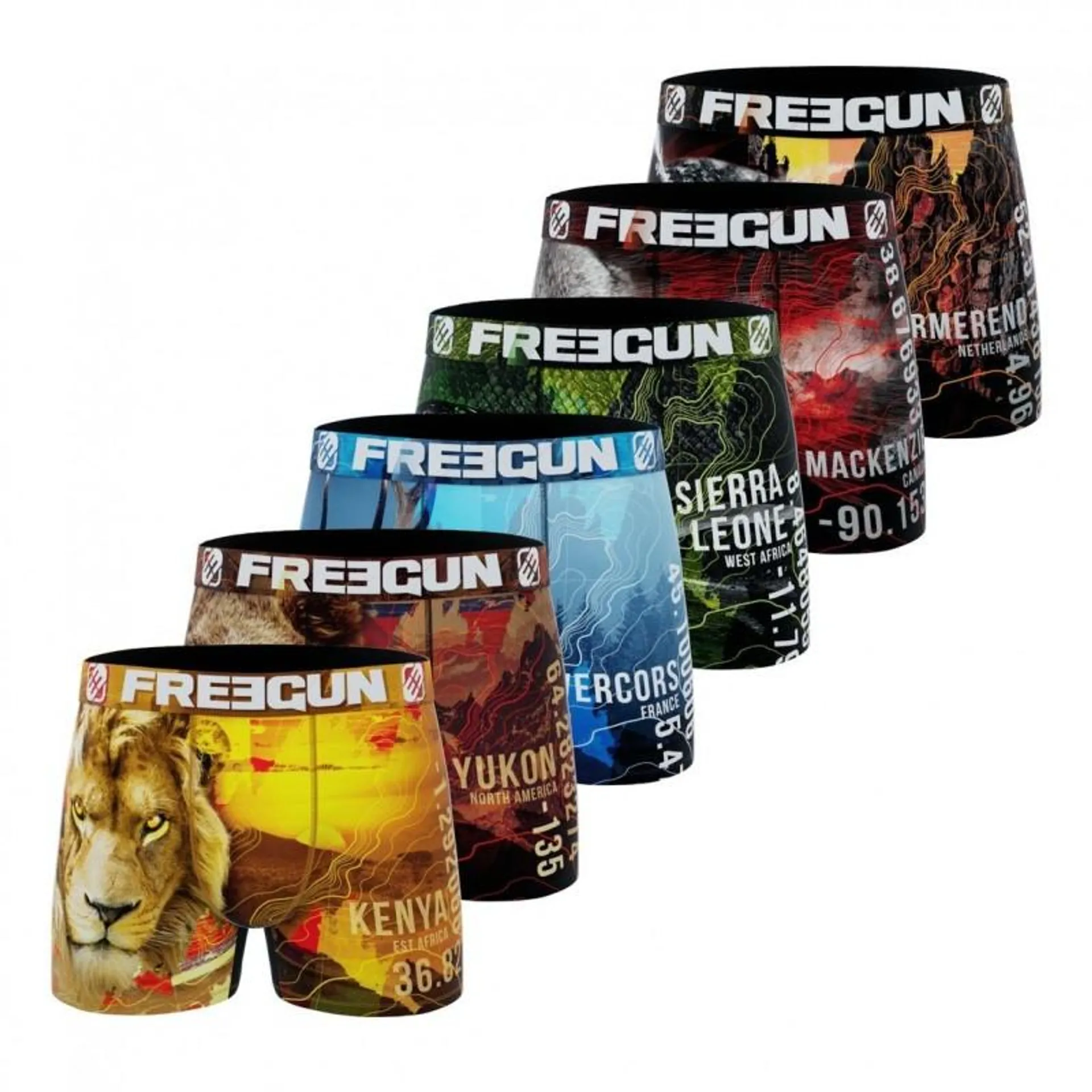 Lot de 6 Boxers Freegun homme en polyester recyclé Animal Savage