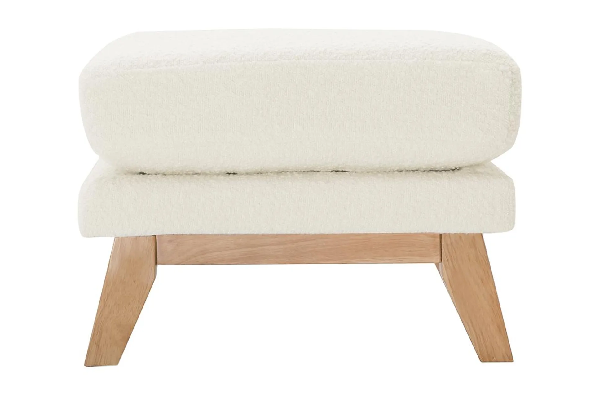 Pouf repose-pieds déhoussable scandinave en tissu effet laine bouclée blanc cassé et bois clair OSLO