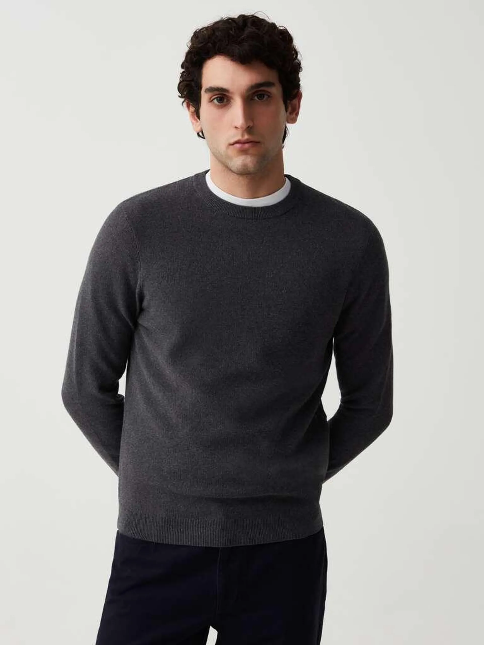 Dark Grey Marl Cotton pullover with round neck