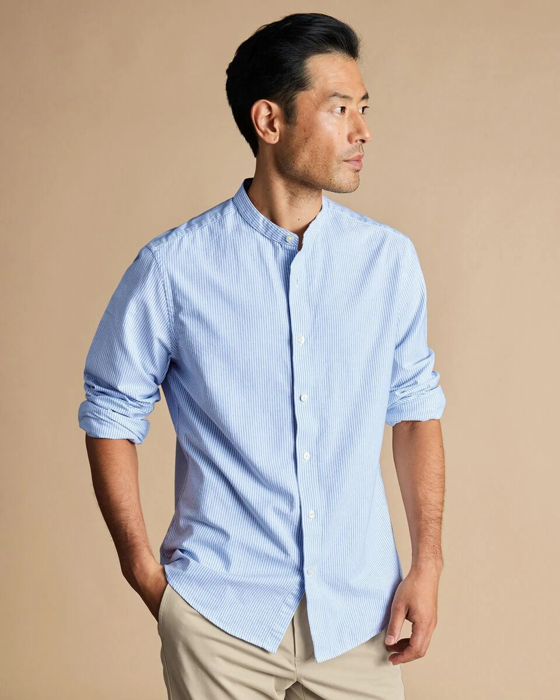 details about product: Collarless Stretch Washed Oxford Stripe Shirt - Ocean Blue