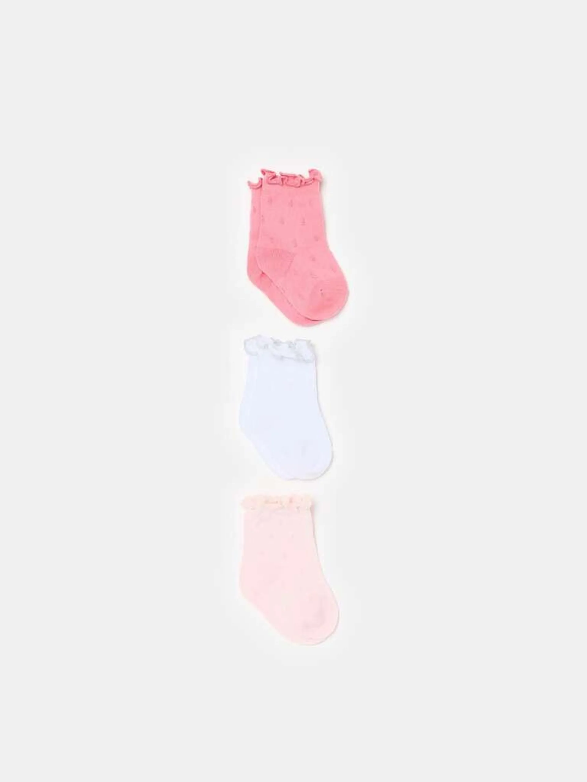 Three-pair pack short socks with openwork design Blanc/rose