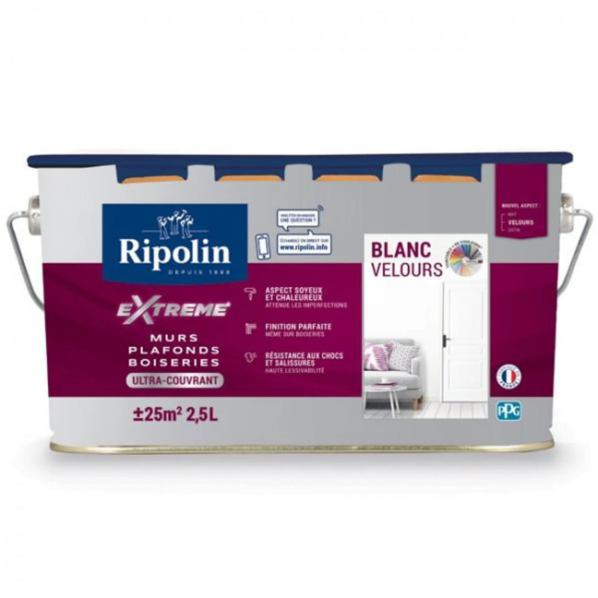 Peinture Ripolin extrême multi-supports murs, plafonds, boiseries et radiateurs blanc velours 2,5L