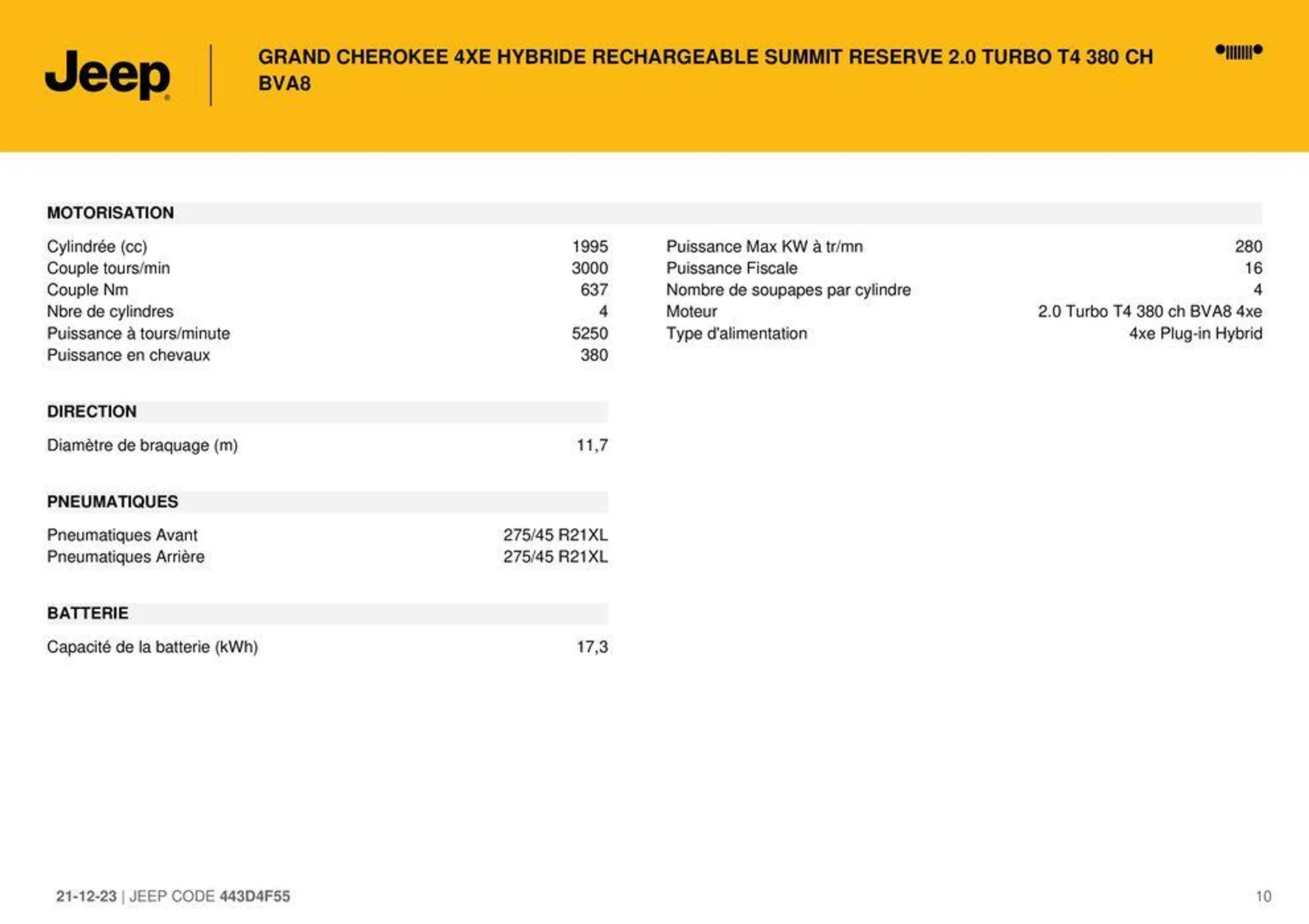 GRAND CHEROKEE 4XE HYBRIDE RECHARGEABLE SUMMIT RESERVE 2.0 TURBO T4 380 CH BVA8. du 21 décembre au 31 août 2024 - Catalogue page 10