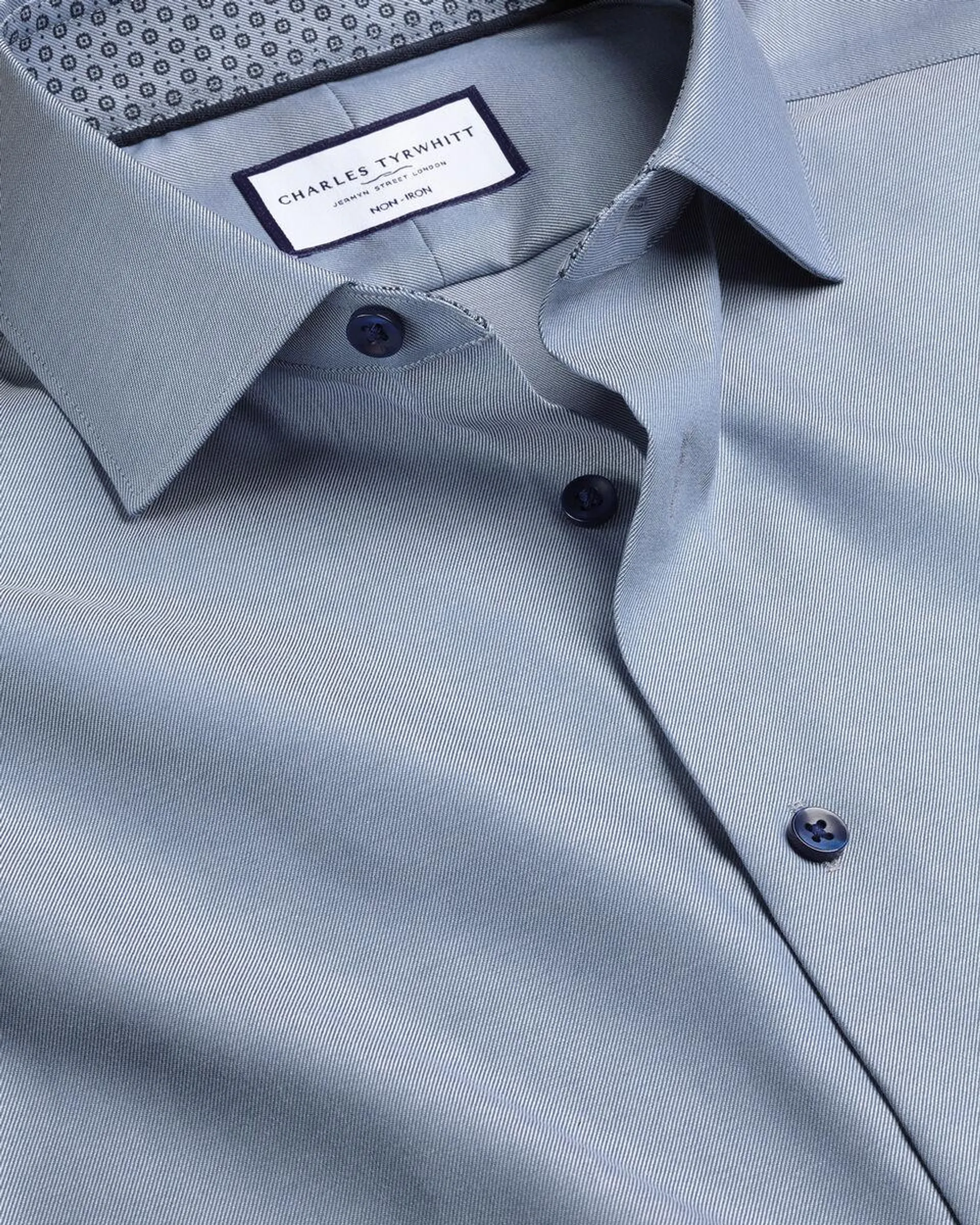 details about product: Semi-Cutaway Collar Non-Iron Twill Shirt with Printed Trim - Steel Blue