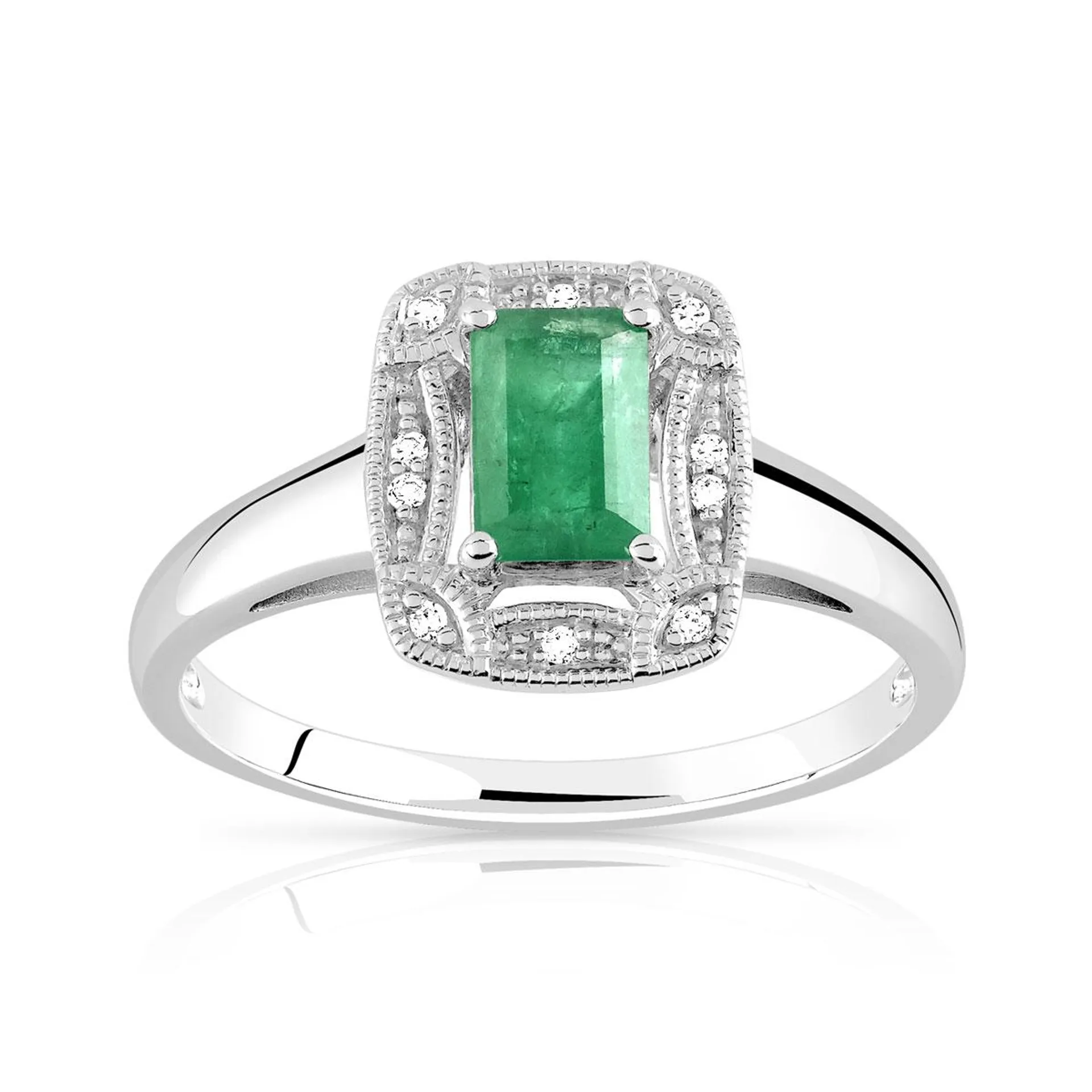 Bague argent 925 rectangulaire émeraude et diamants