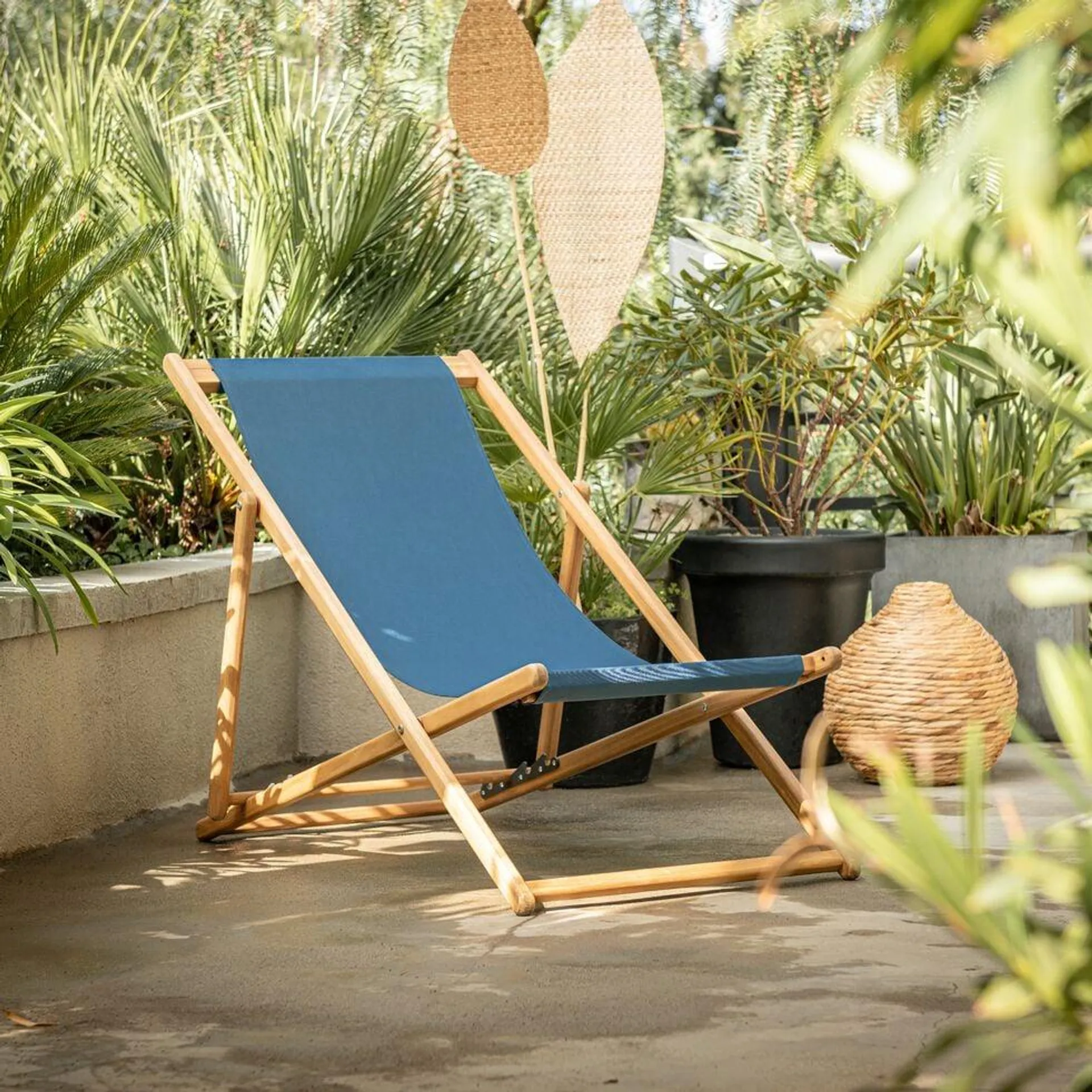 UDINA Chilienne de jardin déhoussable en acacia et tissu - bleu figuerolles