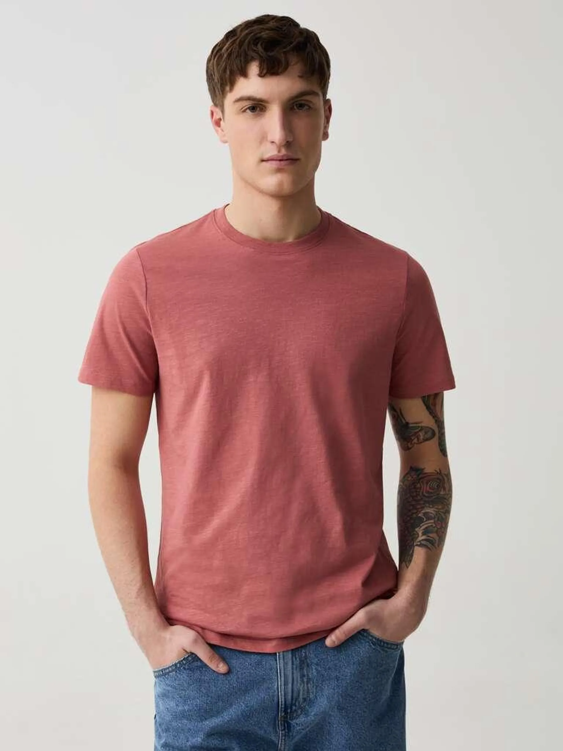 Round-neck T-shirt in jersey slub Saumon