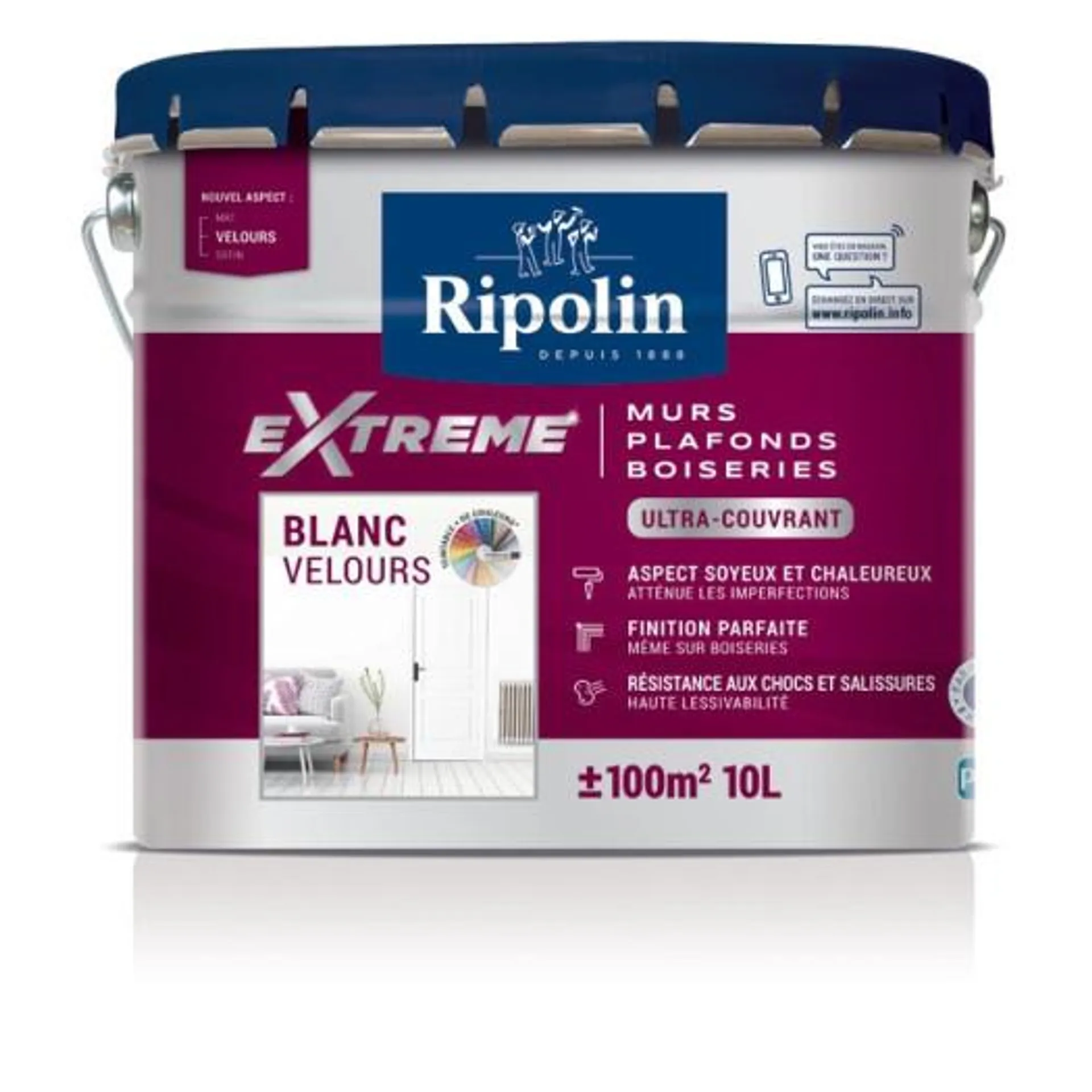 Peinture Ripolin extrême multi-supports murs, plafonds, boiseries et radiateurs blanc velours 10L