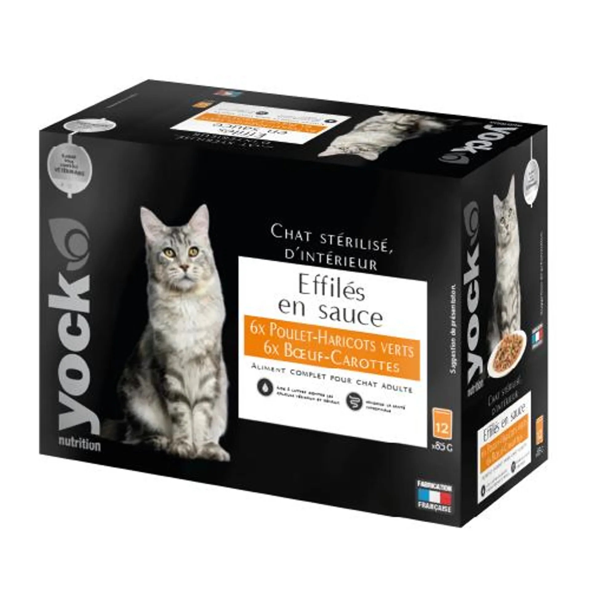 Effilés en sauce poulet et bœuf pour chat stérilisé et d’intérieur