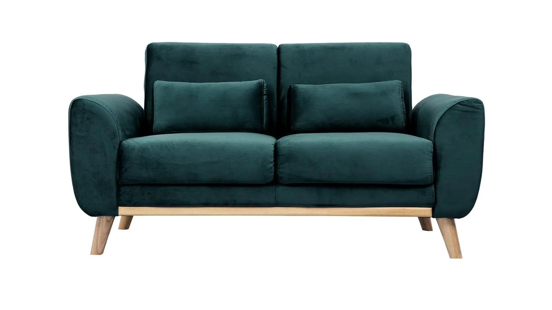 Canapé scandinave 2 places en tissu velours bleu pétrole et bois clair EKTOR