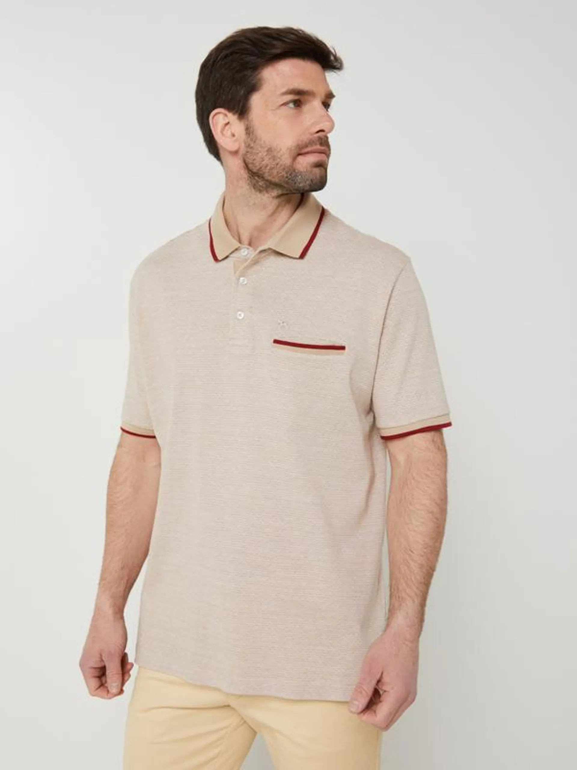 Polo En Maille Jacquard Et Liserés Contrastés - Beige