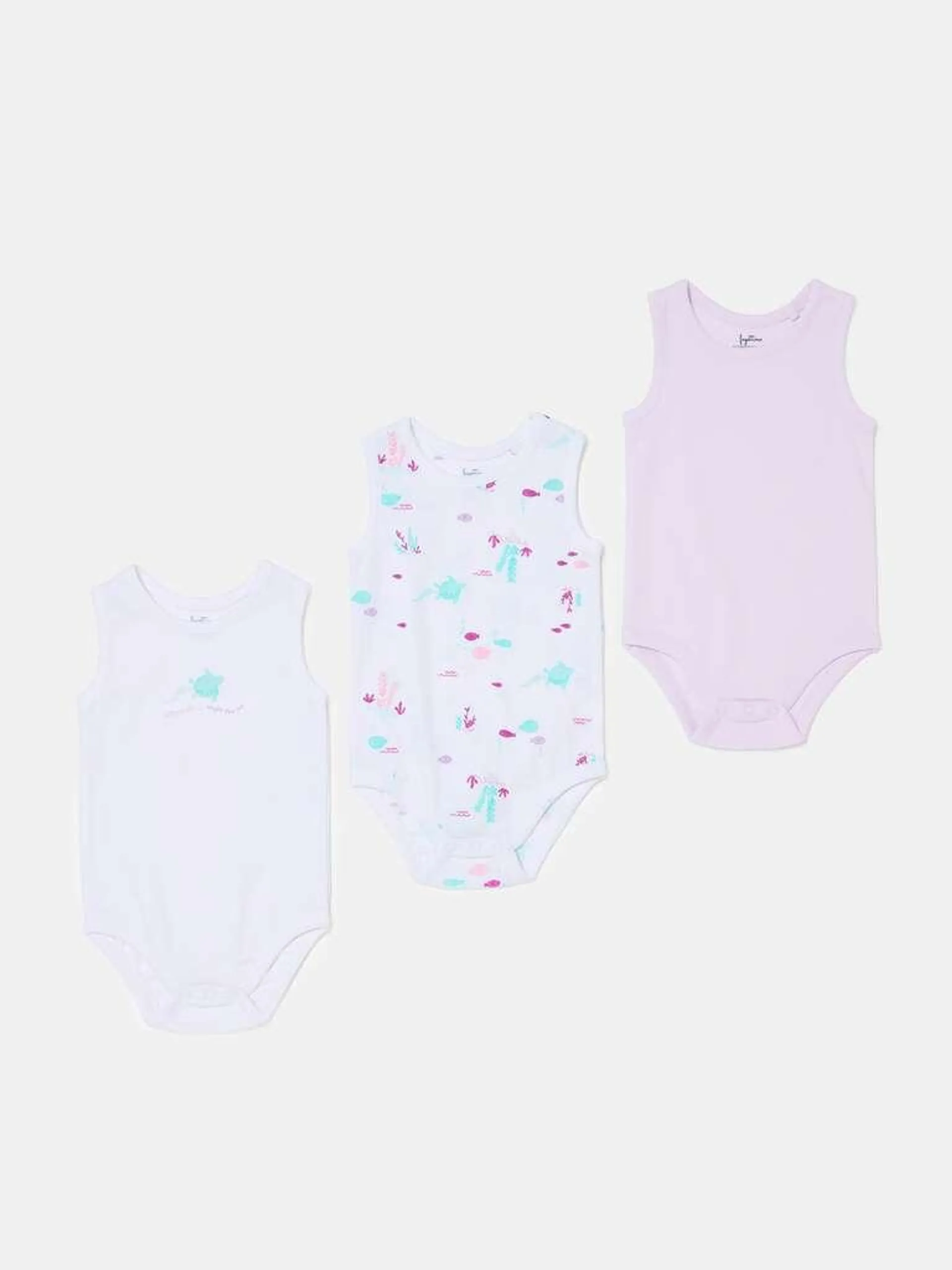 Three-pack bodysuits in organic cotton with print Blanc/violet